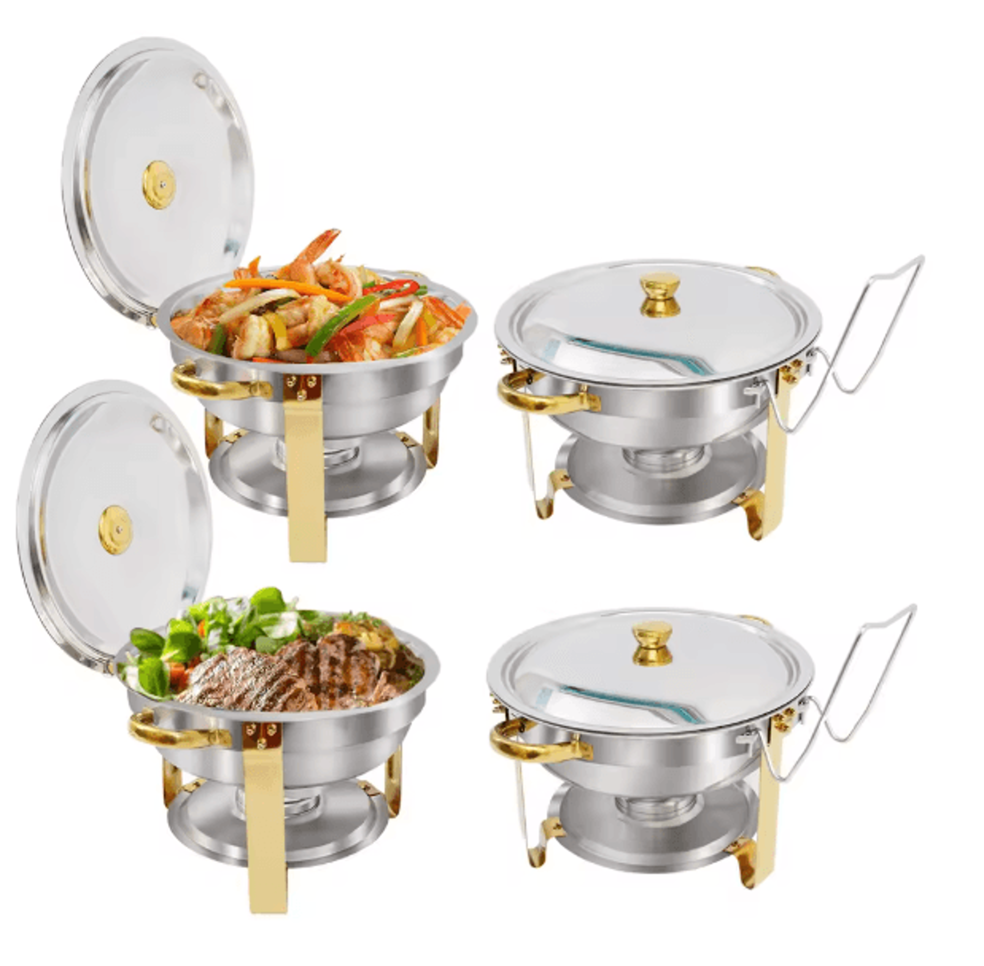 5 Qt Round Stainless Steel Buffet Warmer Chafing Dish Set With Half Gold Accent For Parties And Cat 7