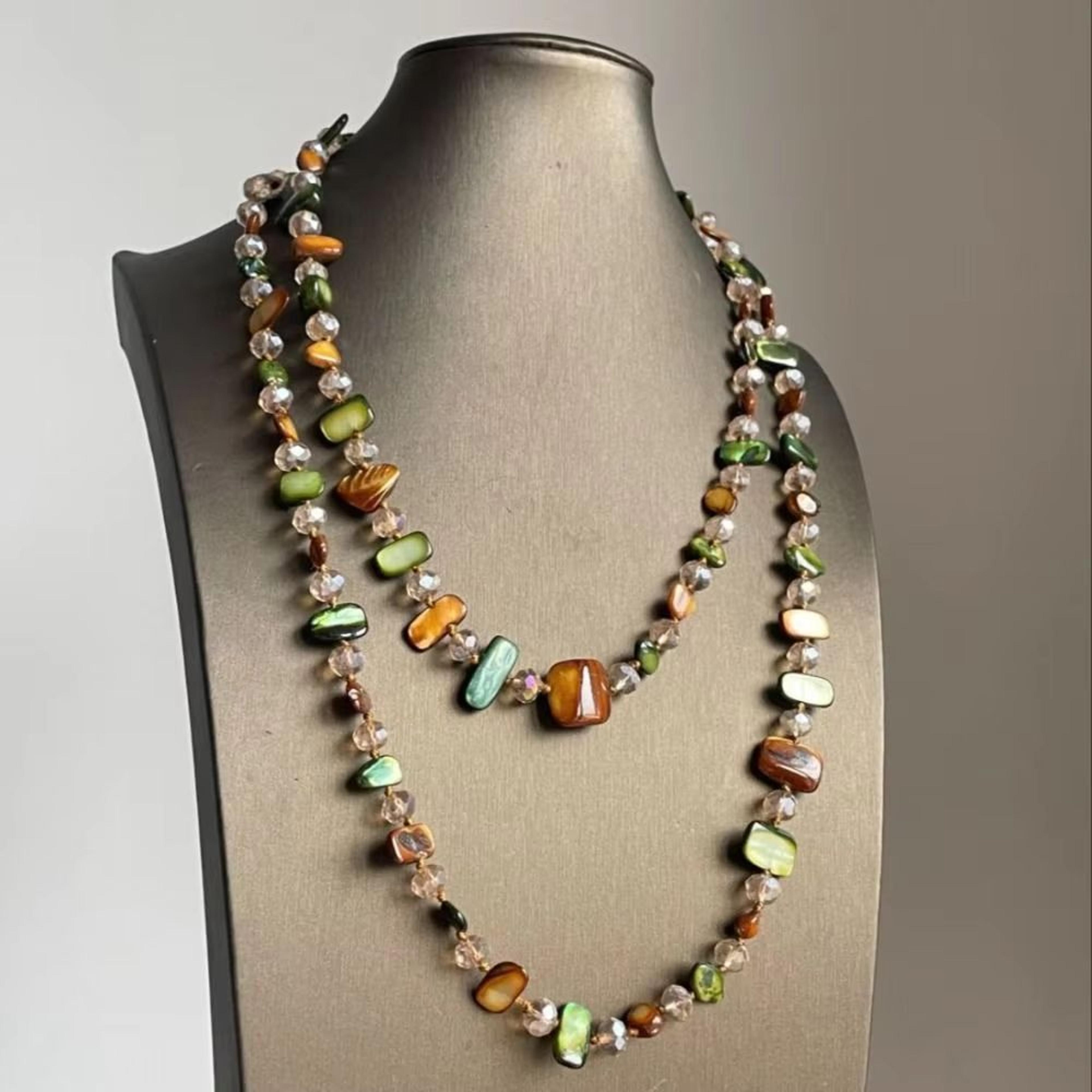 antique bohemian shell beaded necklace double layer long pendant style, colorful stackable statement jewelry