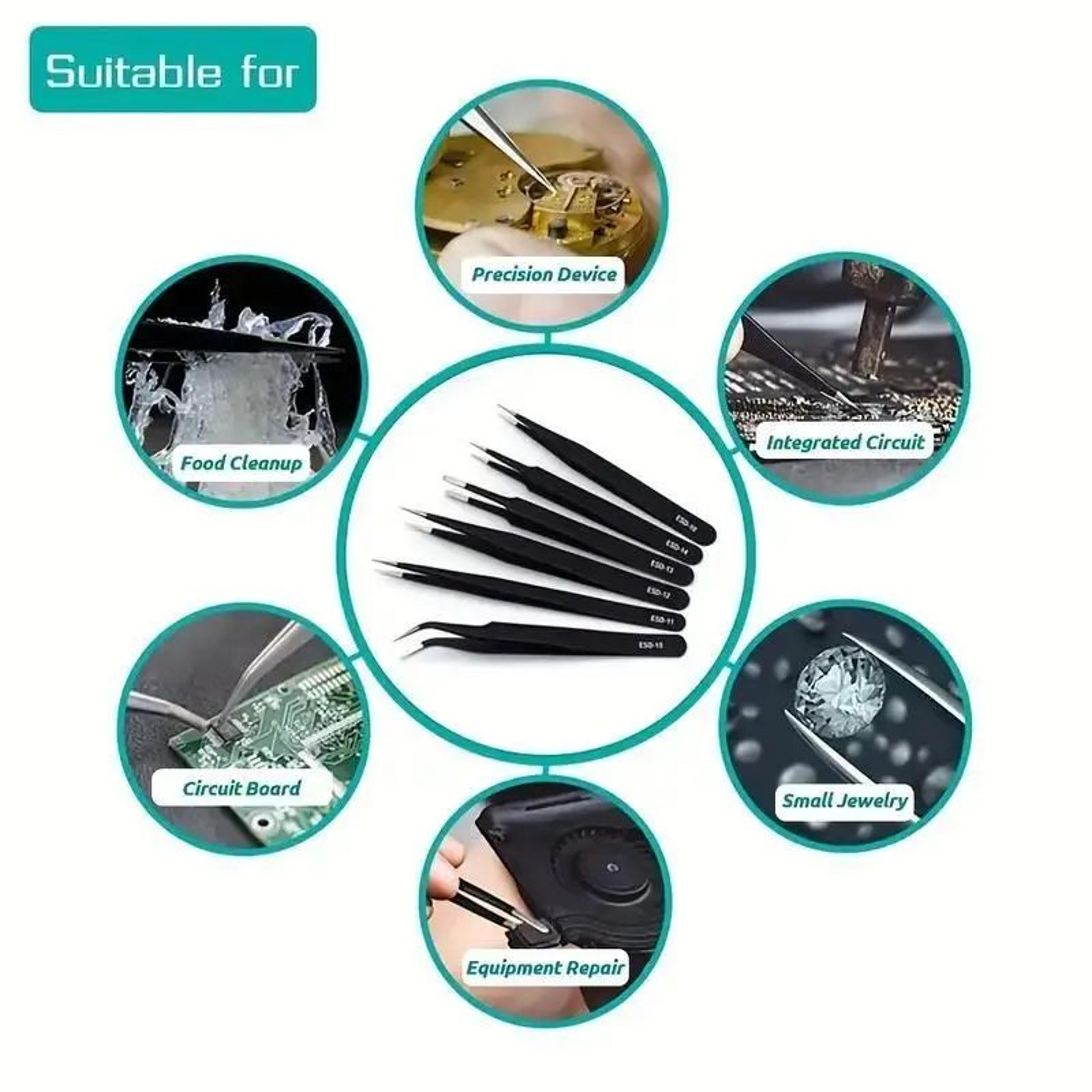 6 Pcs Precision Long ESD Stainless Steel Tweezers Set For Electronics And Repair 1