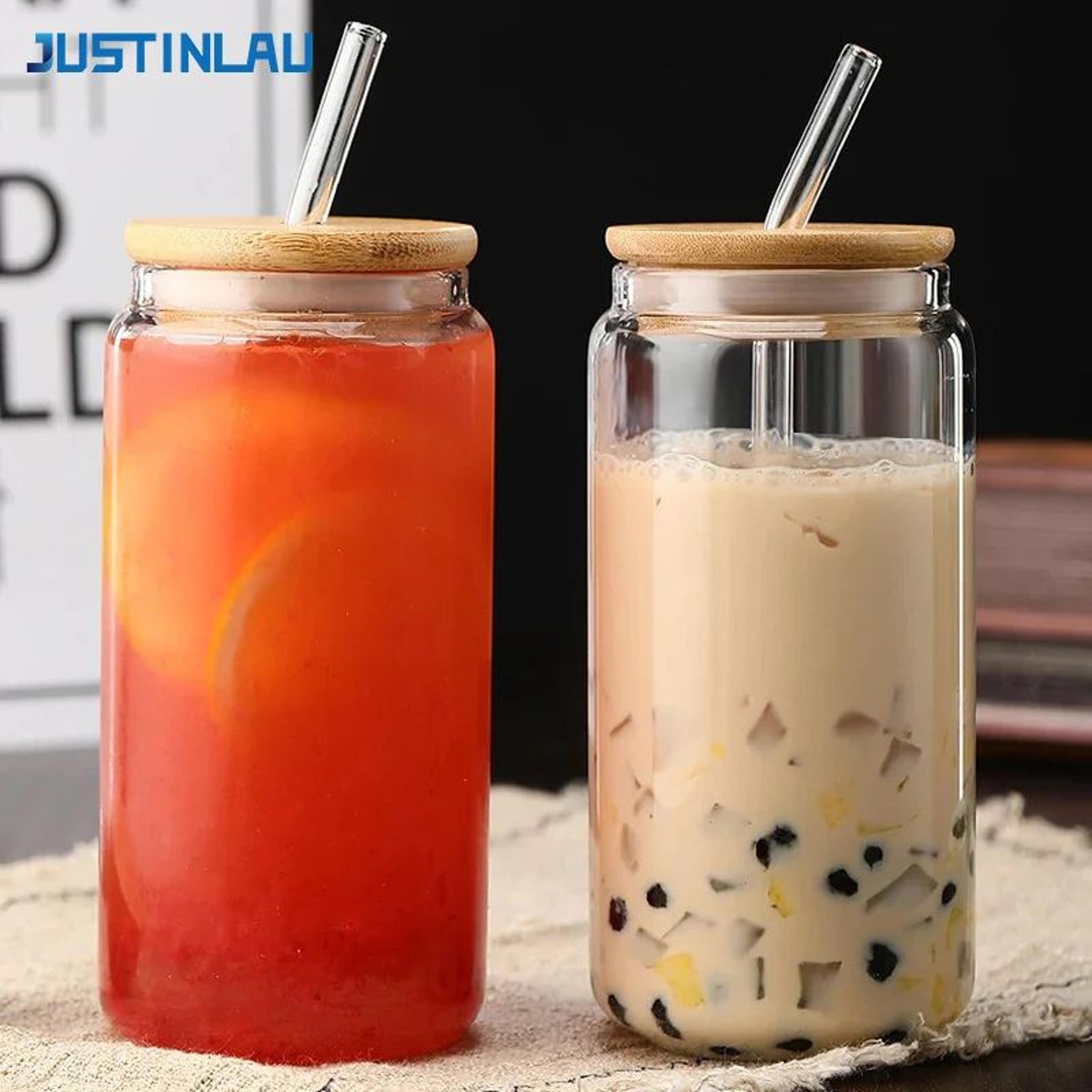 heat-resistant glass straw cup with dustproof wooden lid transparent drinking bottle