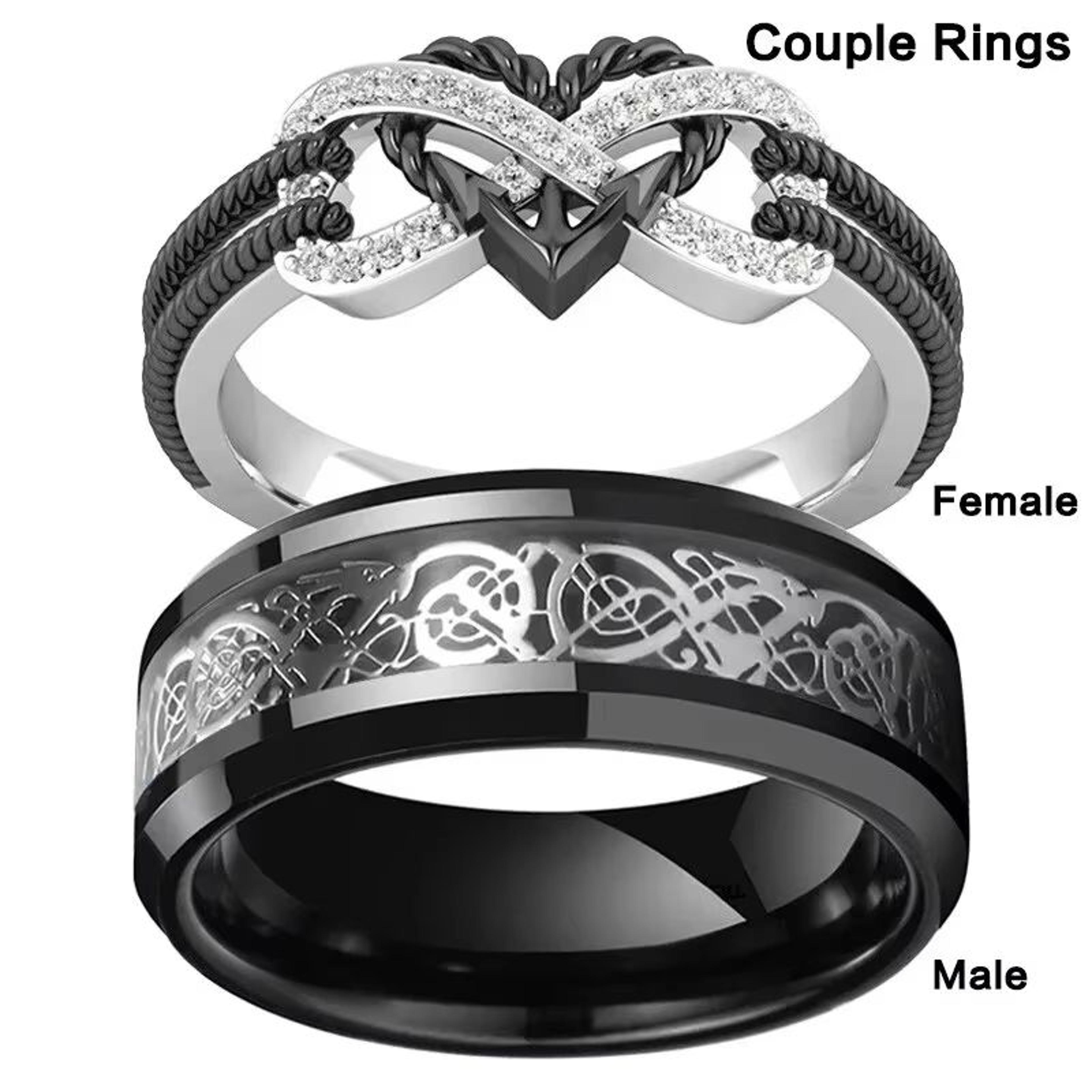 stainless steel celtic dragon and heart zircon couple ring set for men and women