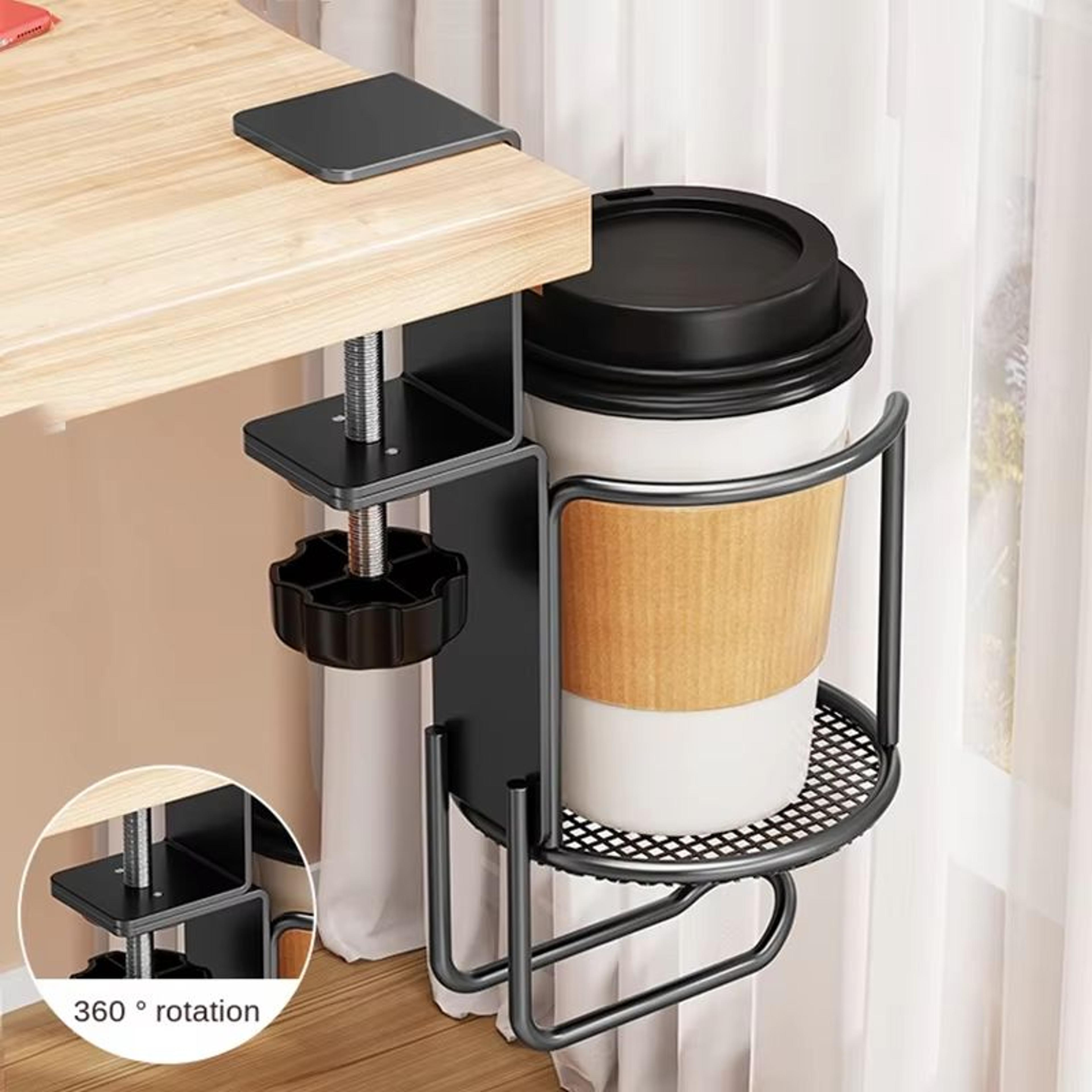2 in 1 desk cup holder with 360° rotating headphone hook anti spill clamp stand