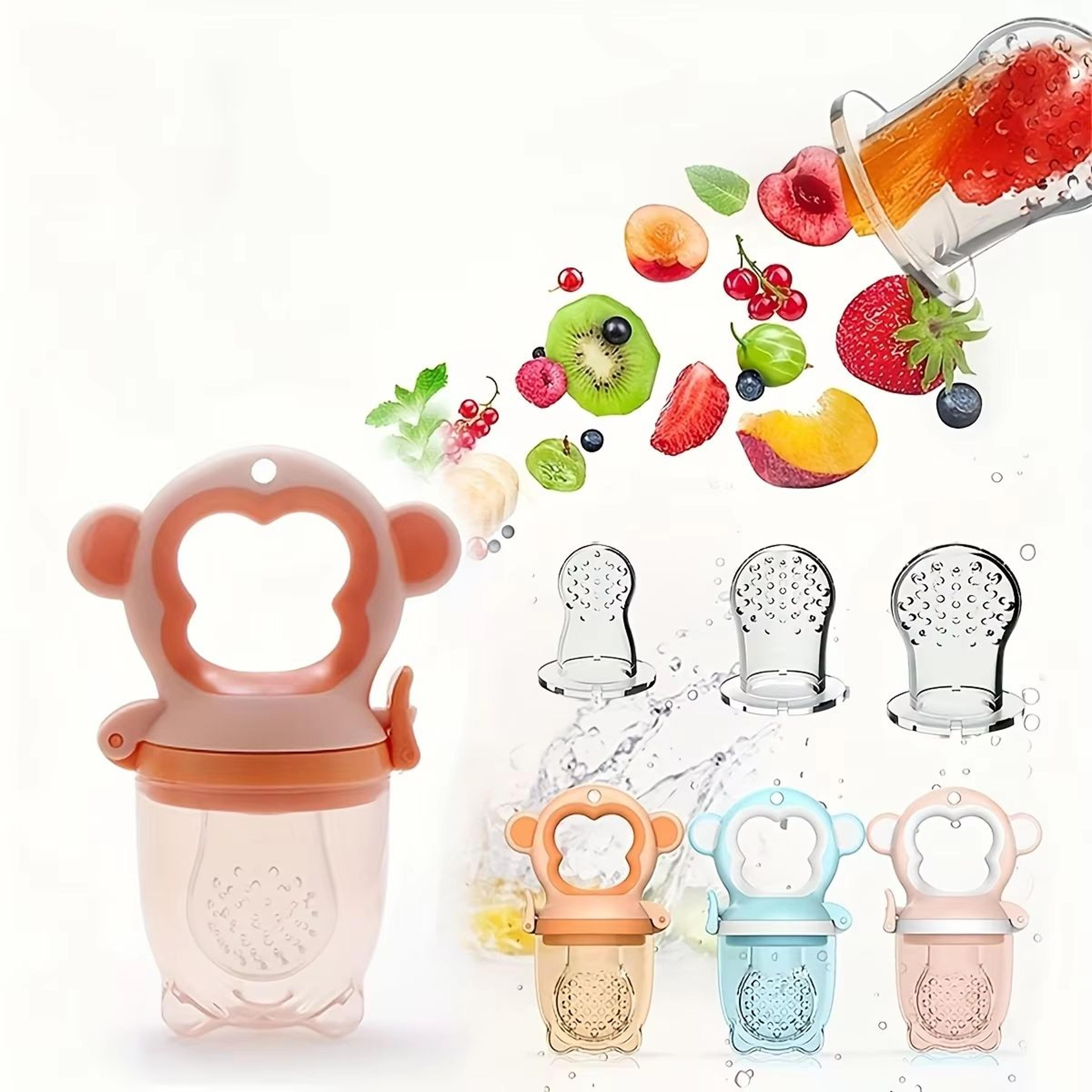 4-piece monkey-shape baby fruit feeder set with easy-handle ring and 3 silicone mesh bags (s/m/l)