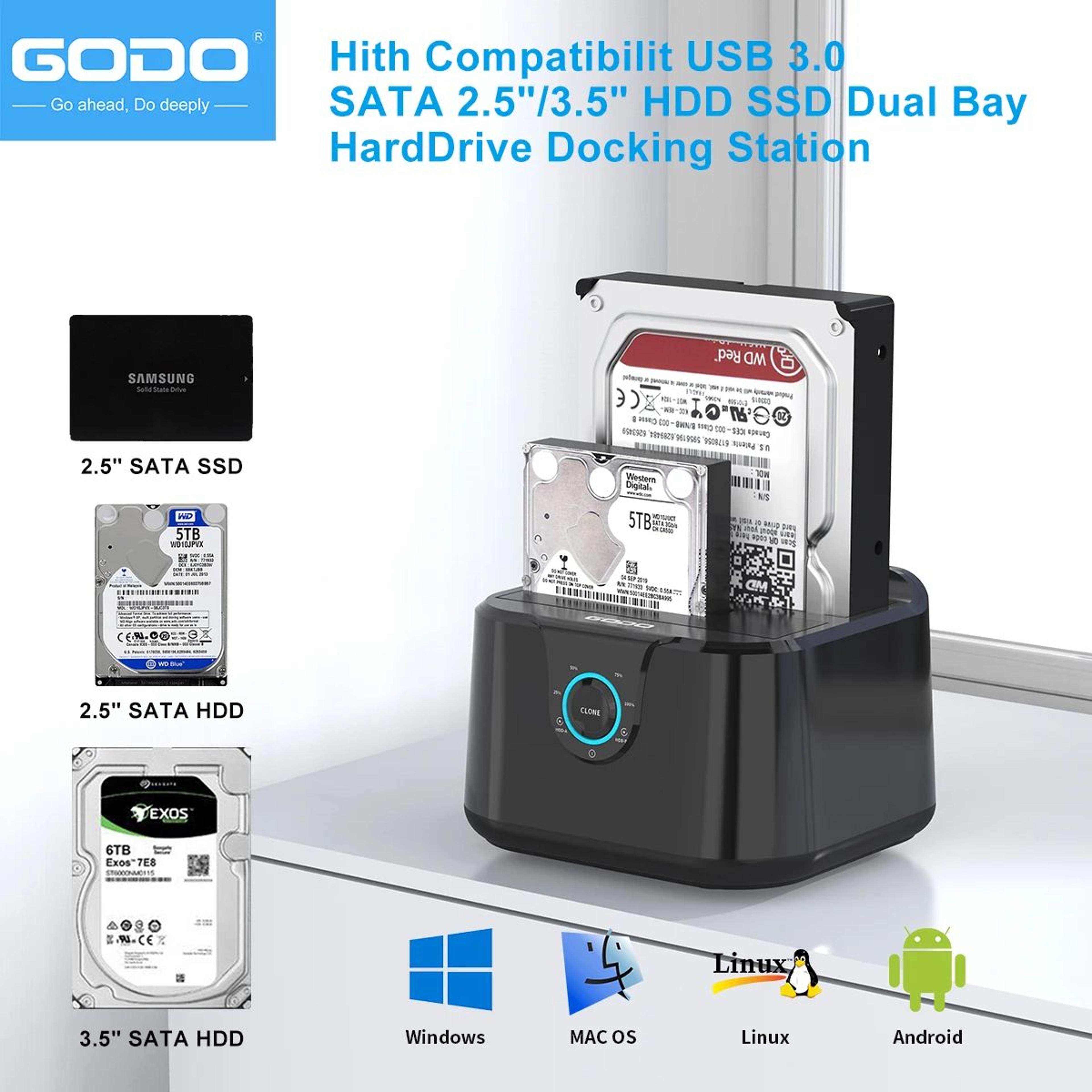 GODO SATA To USB 30 Hard Drive Docking Station For 25 35in HDD SSD With 12V3A Power Adapter 1