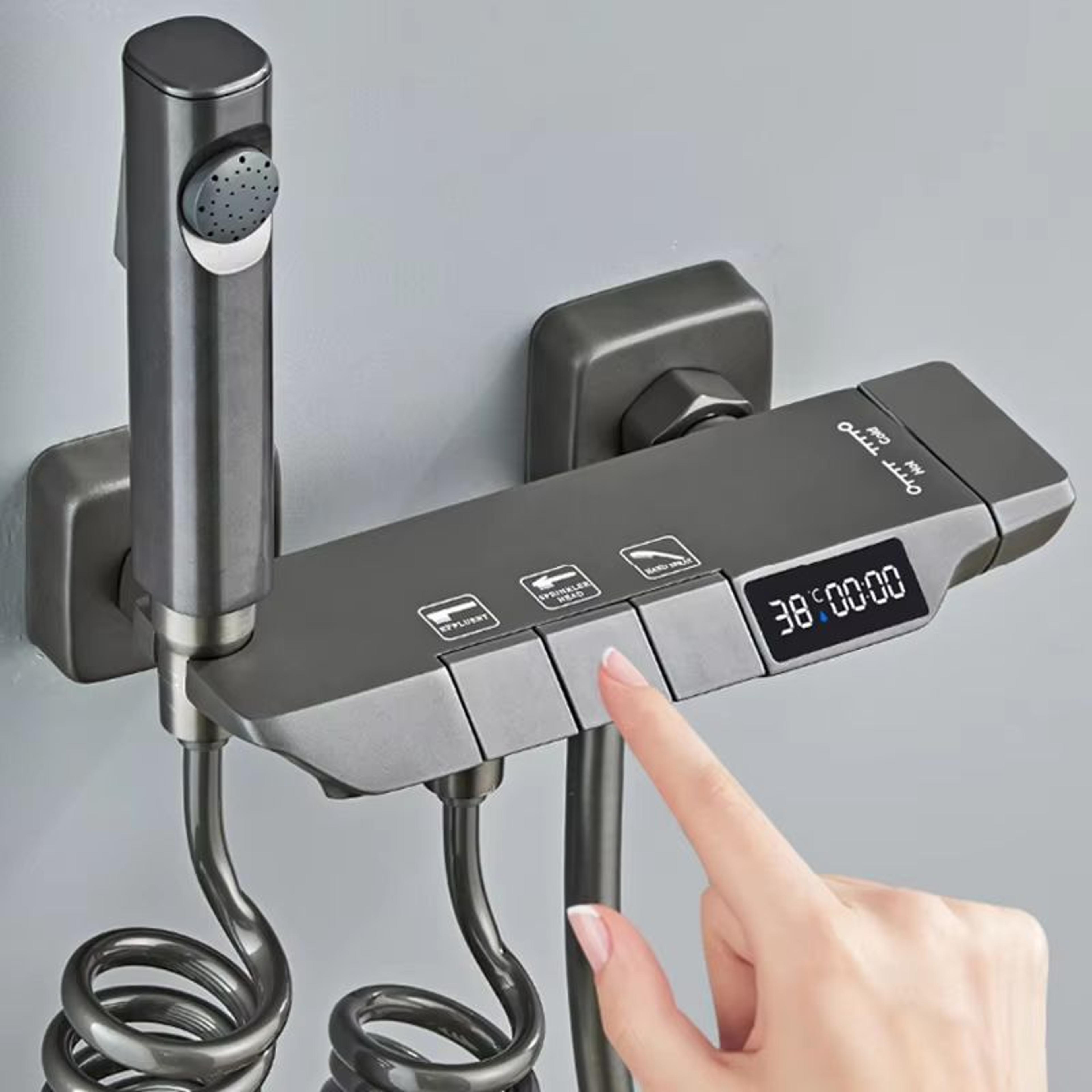 gun grey digital display shower system with piano key mixer