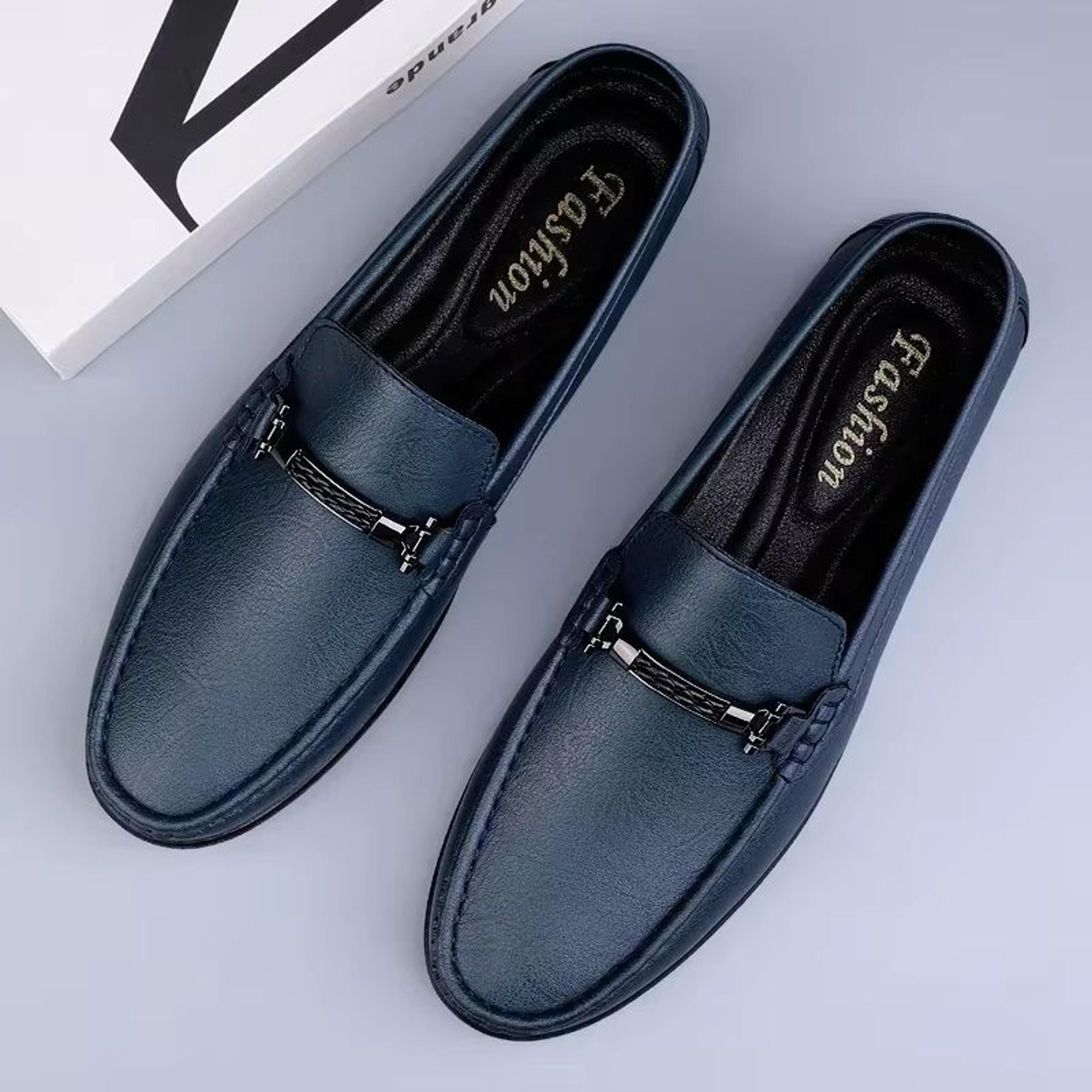 classic blue genuine leather slip-on loafers for men