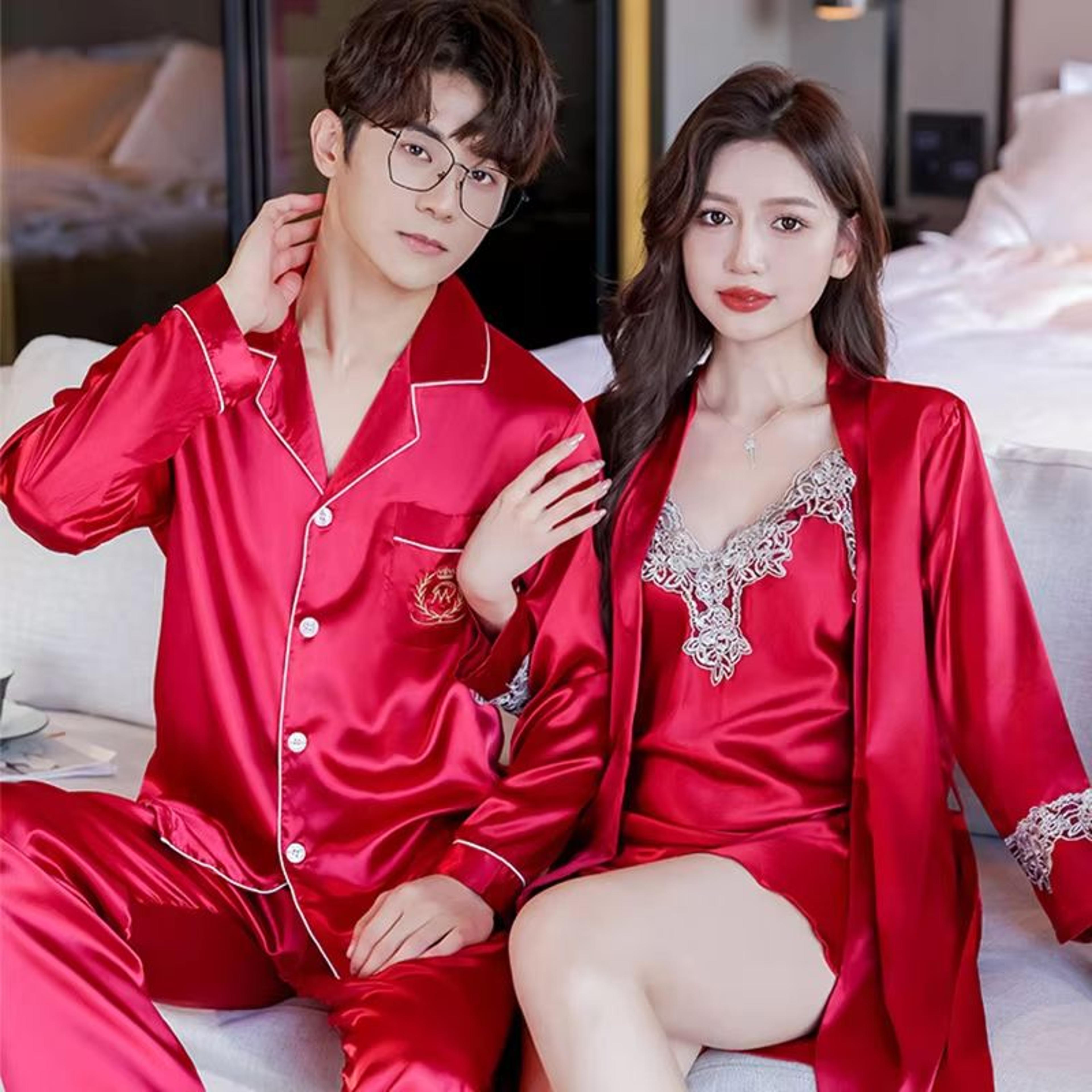 luxury silk satin couples nightwear set – women sexy nightdress with men long sleeve pants & robe sleepwear