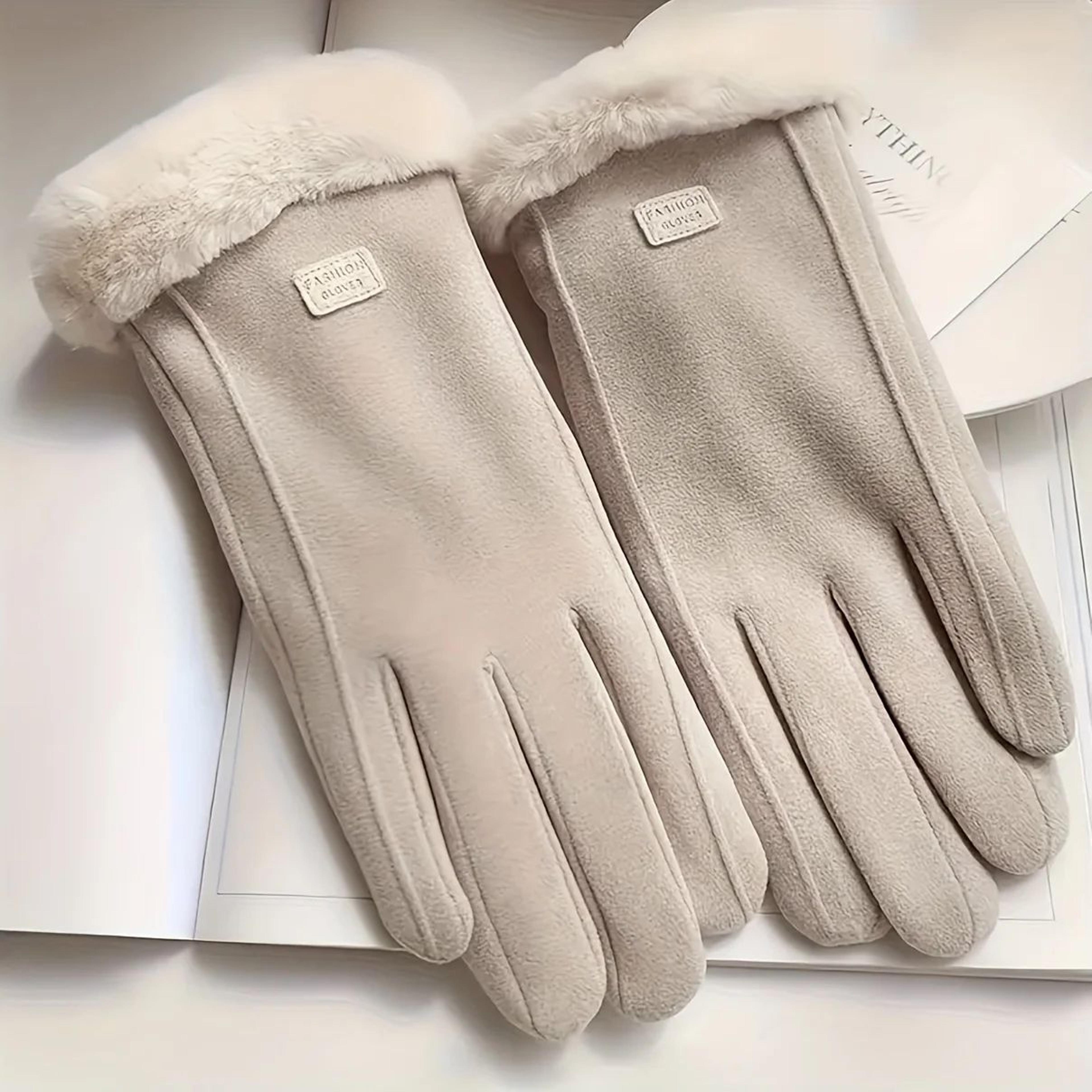 Beige Plush Lined Touchscreen Winter Gloves For Women And Men 5