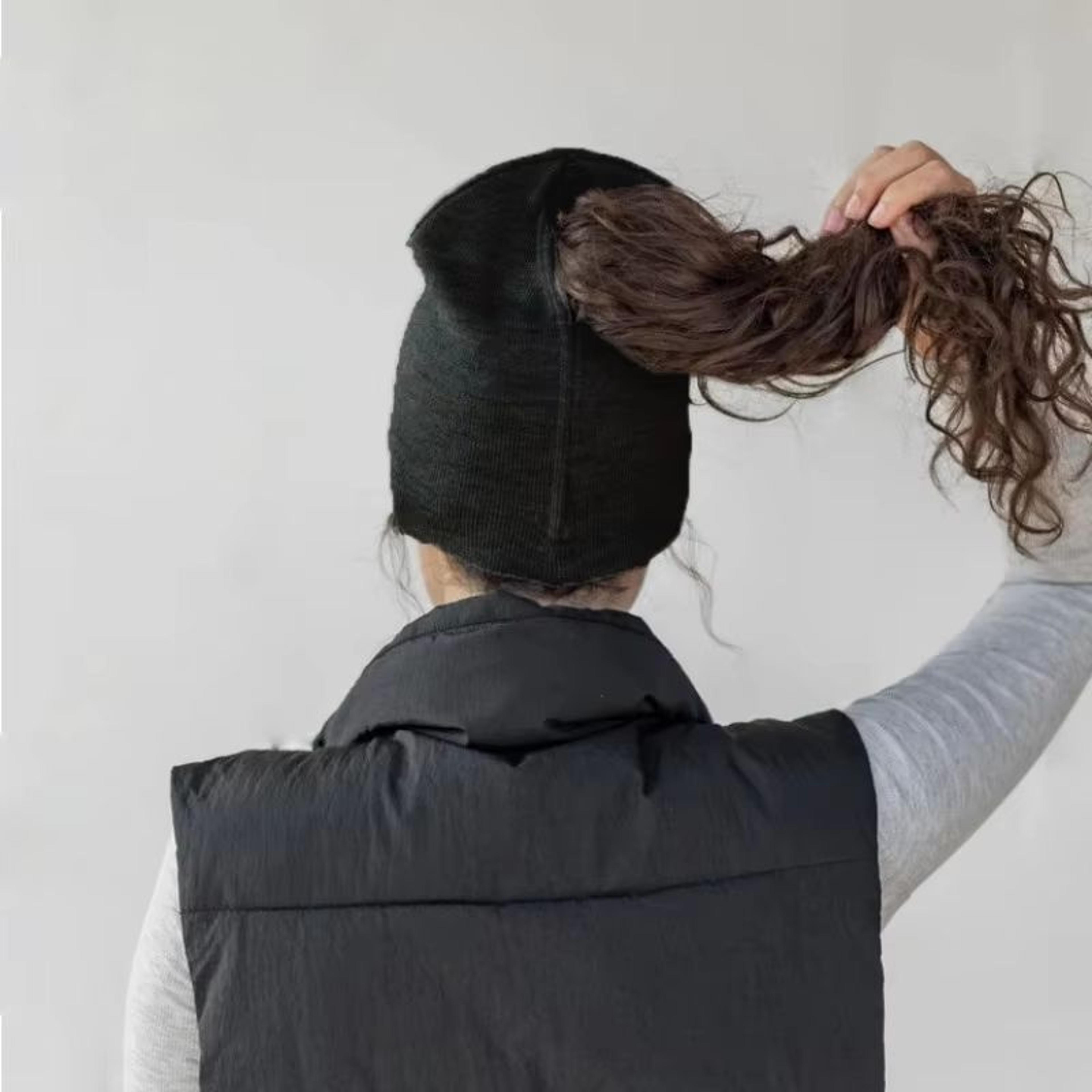 magnetic opening knit ponytail beanie hat for women