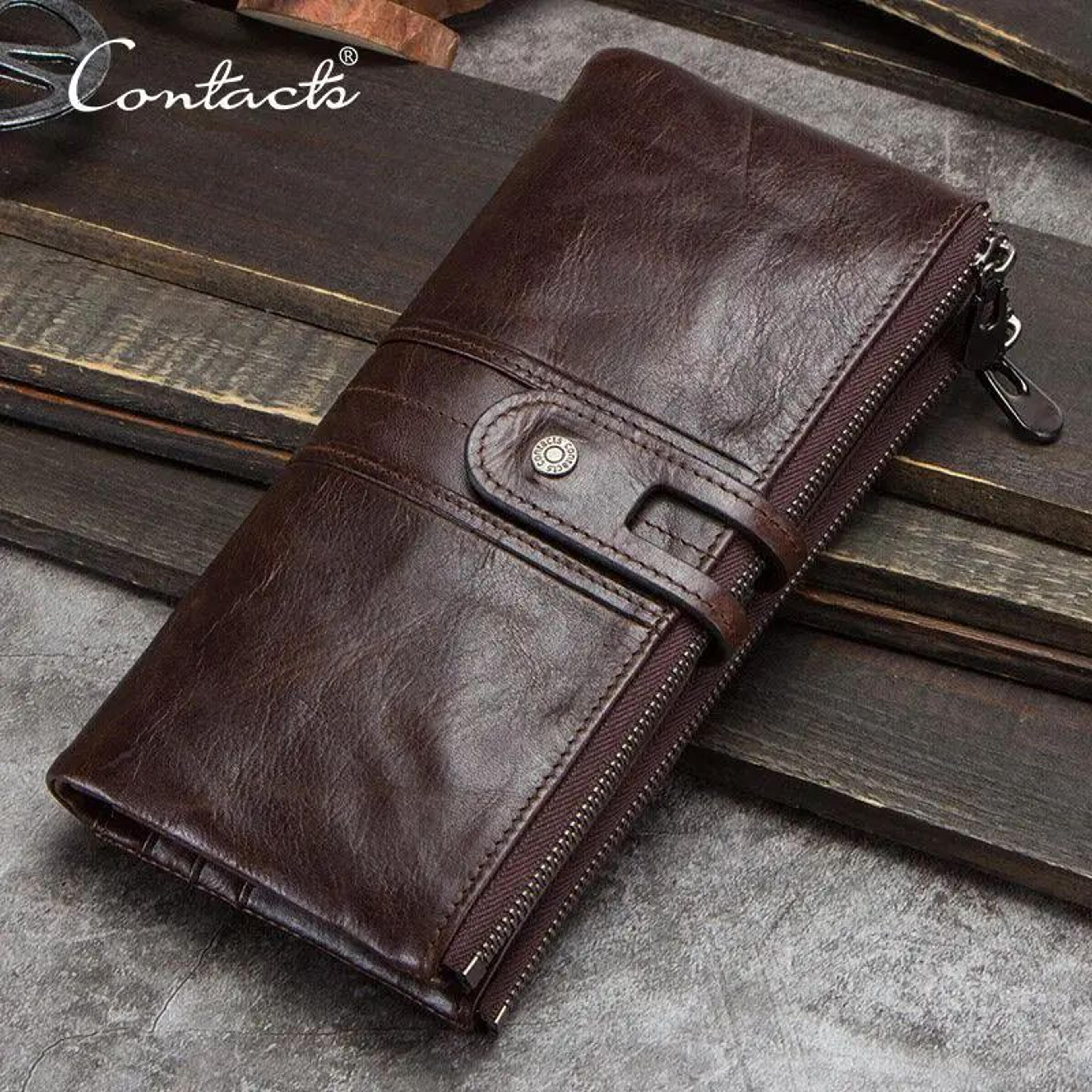 contact's genuine leather men clutch wallet with zipper coin pocket