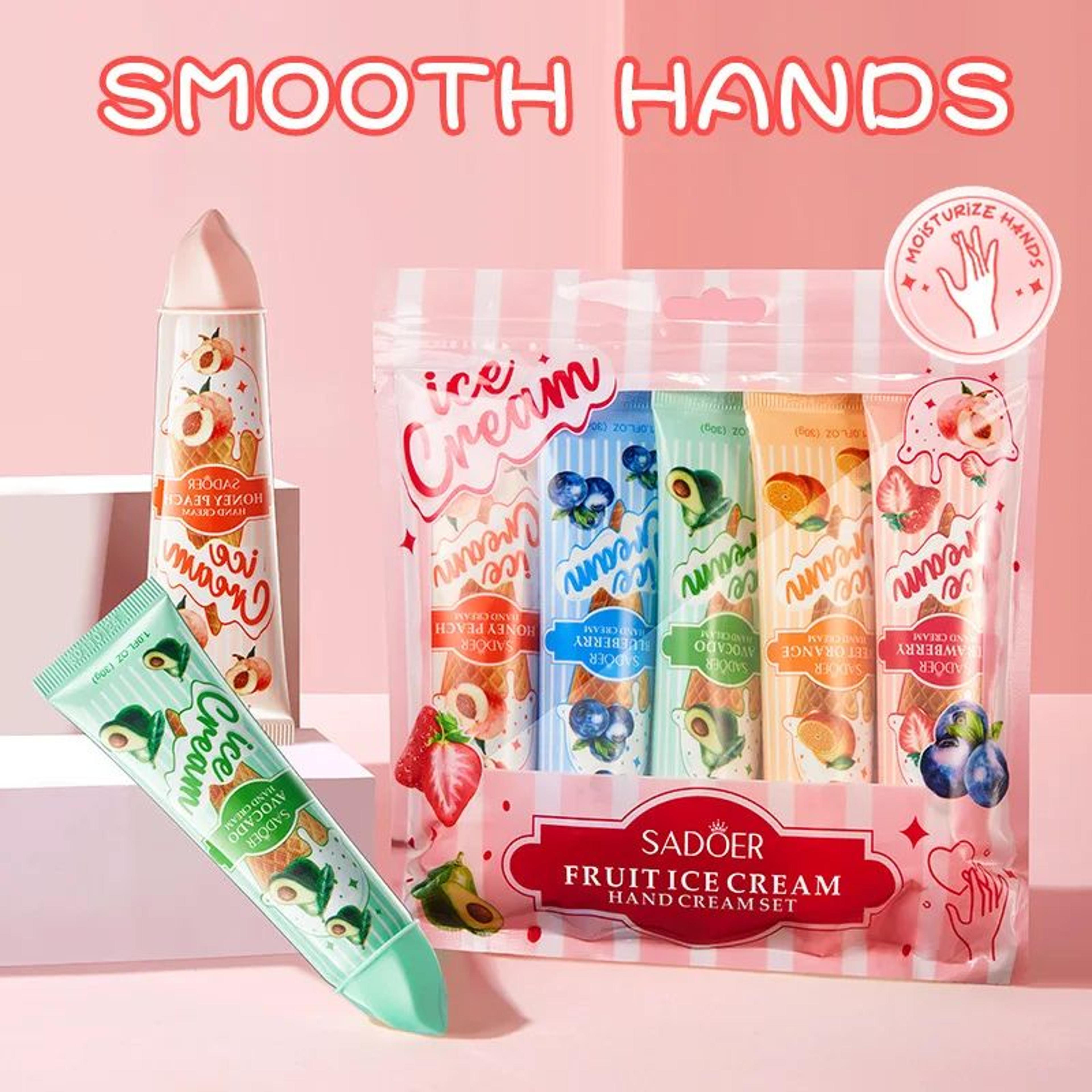 SADOER Fruit Ice Cream Hand Cream Set 5pcs Hydrating Moisturizing Hand Cream For Soft Brightened Ha 4