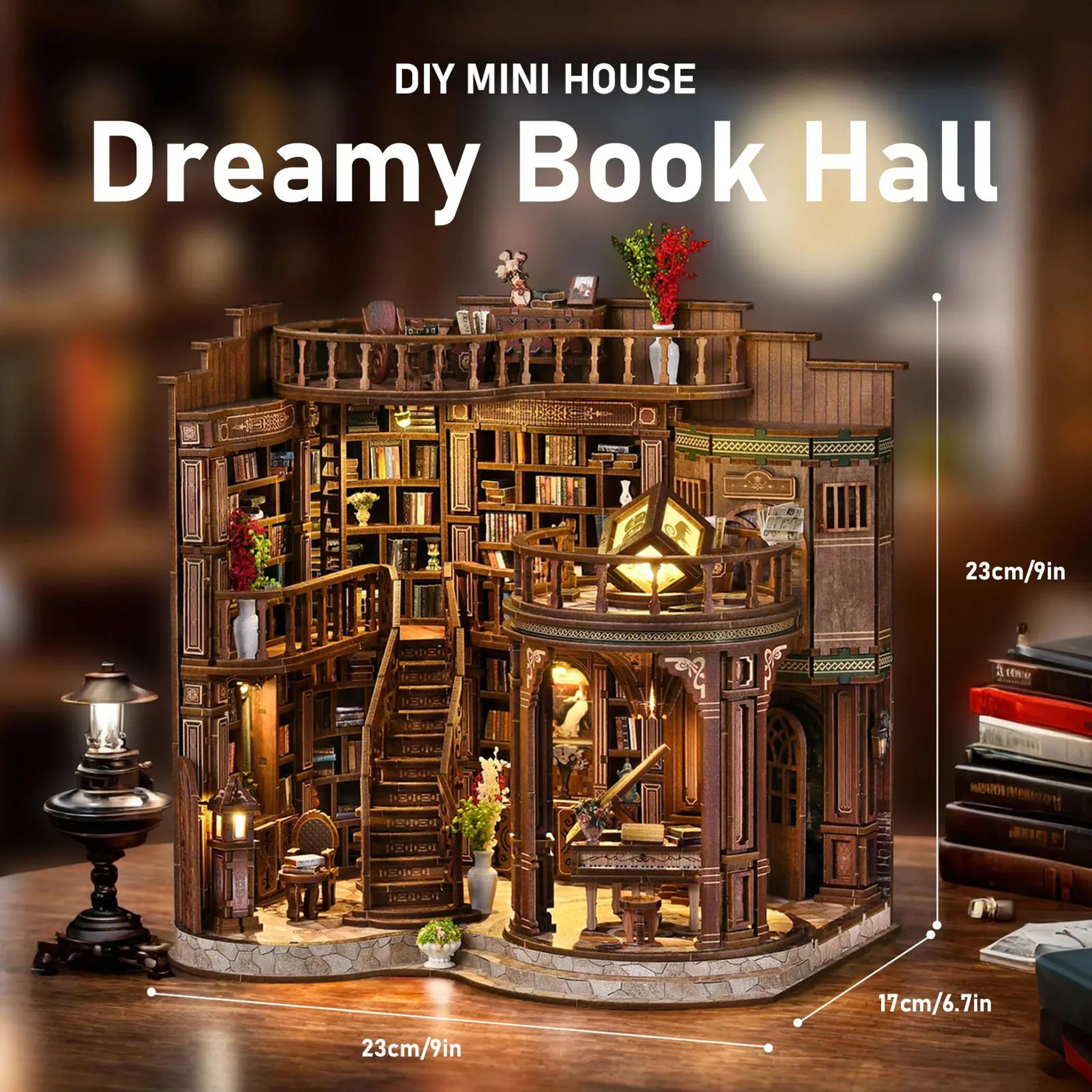 DIY Book Nook Miniature House Kit Handmade Bookshelf Insert Model With LED Decor 2