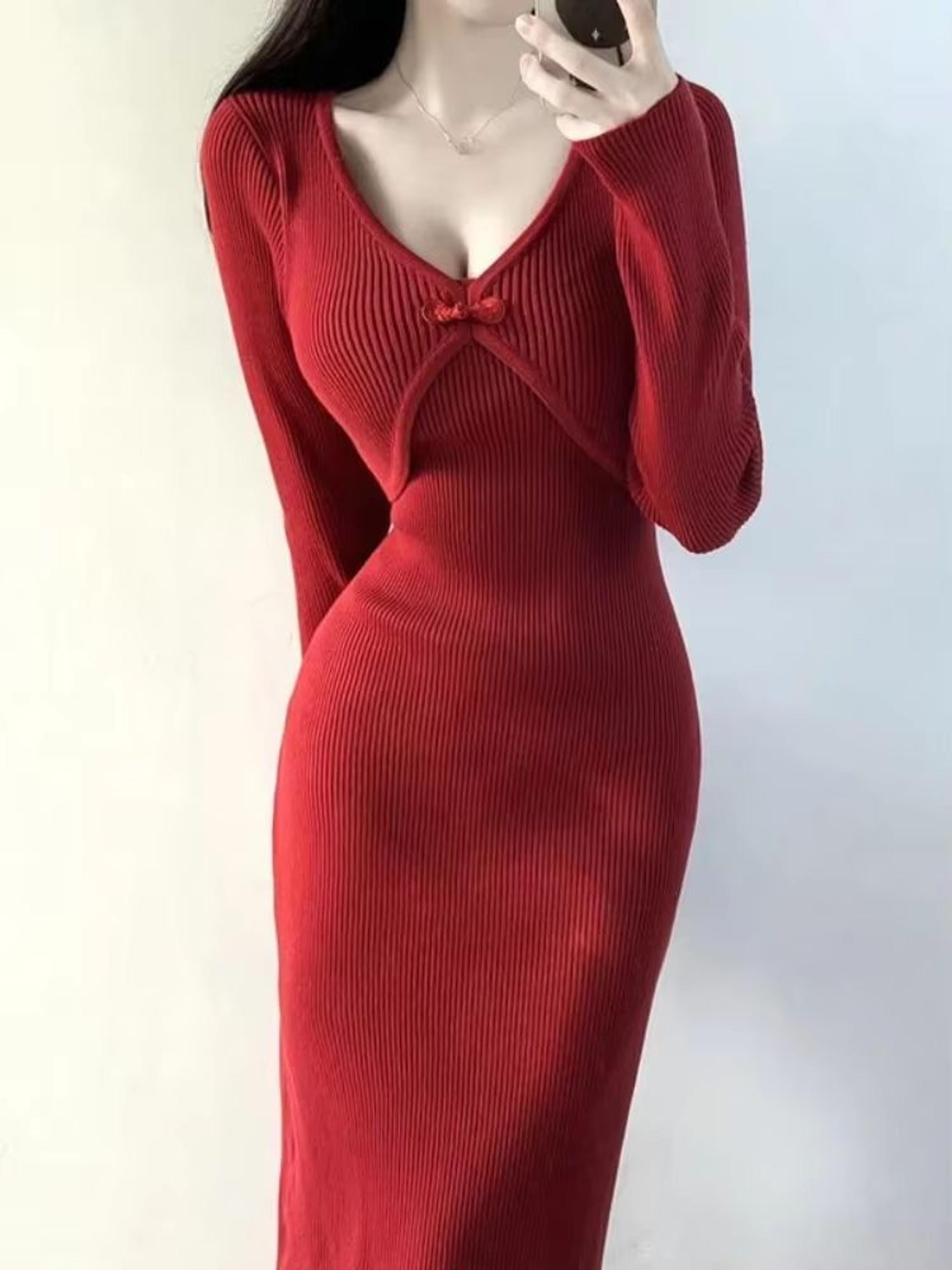 Elegant Red Crochet Knit Dress Vintage Bodycon Midi Dress Luxury Womens Knit Bodycon Dress 3