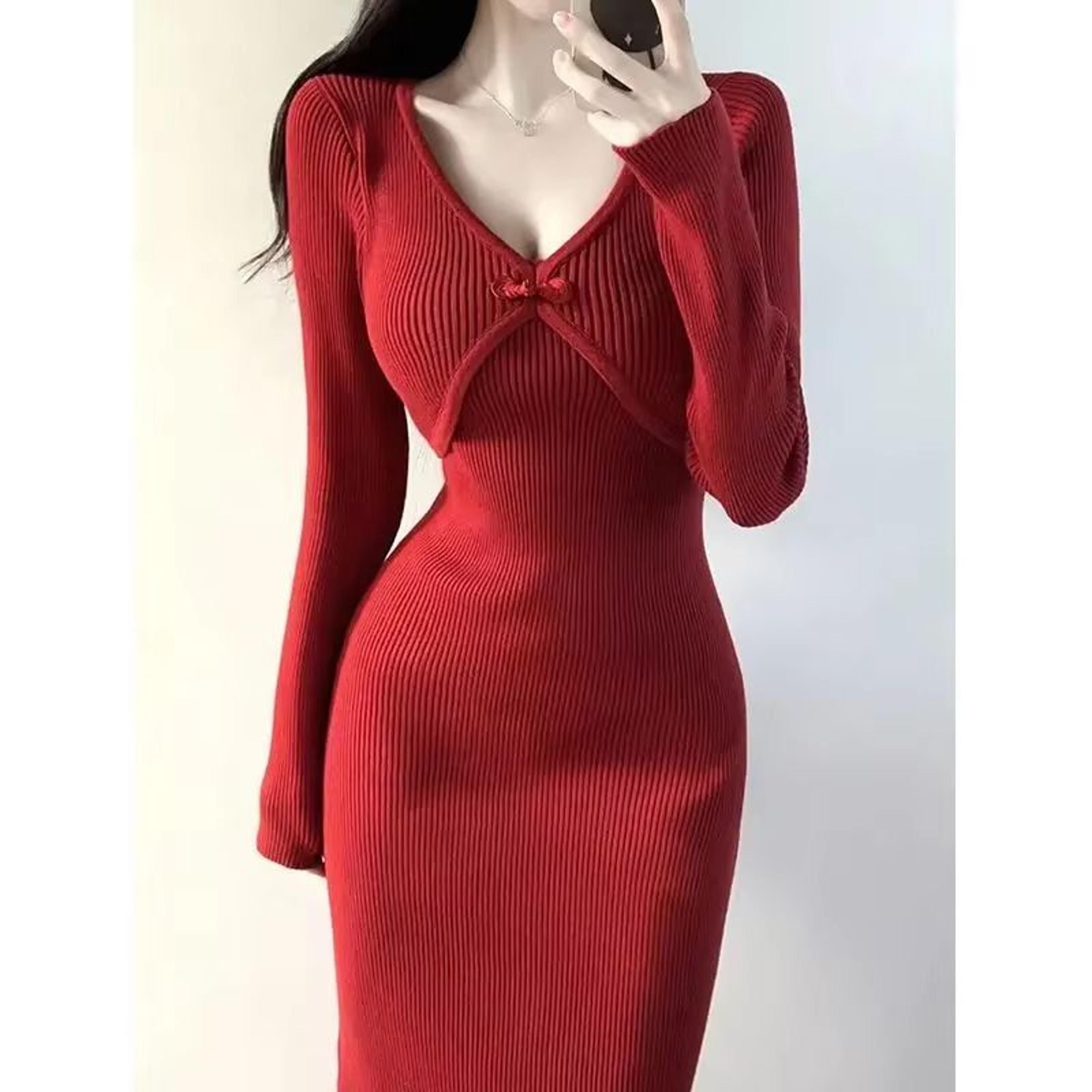 Elegant Red Crochet Knit Dress Vintage Bodycon Midi Dress Luxury Womens Knit Bodycon Dress 6