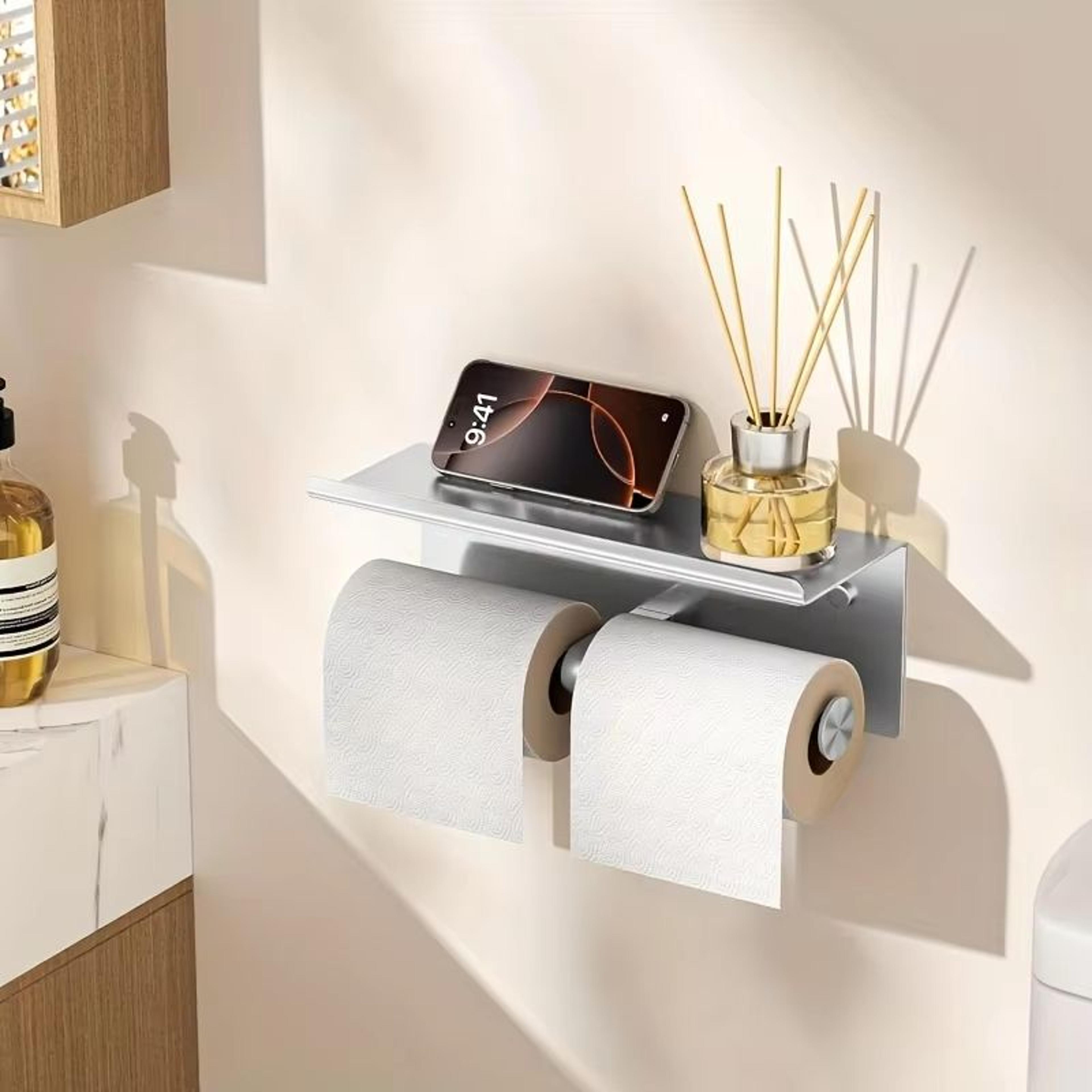 Stainless Steel Double Toilet Paper Holder With Shelf And WallMount Storage 7