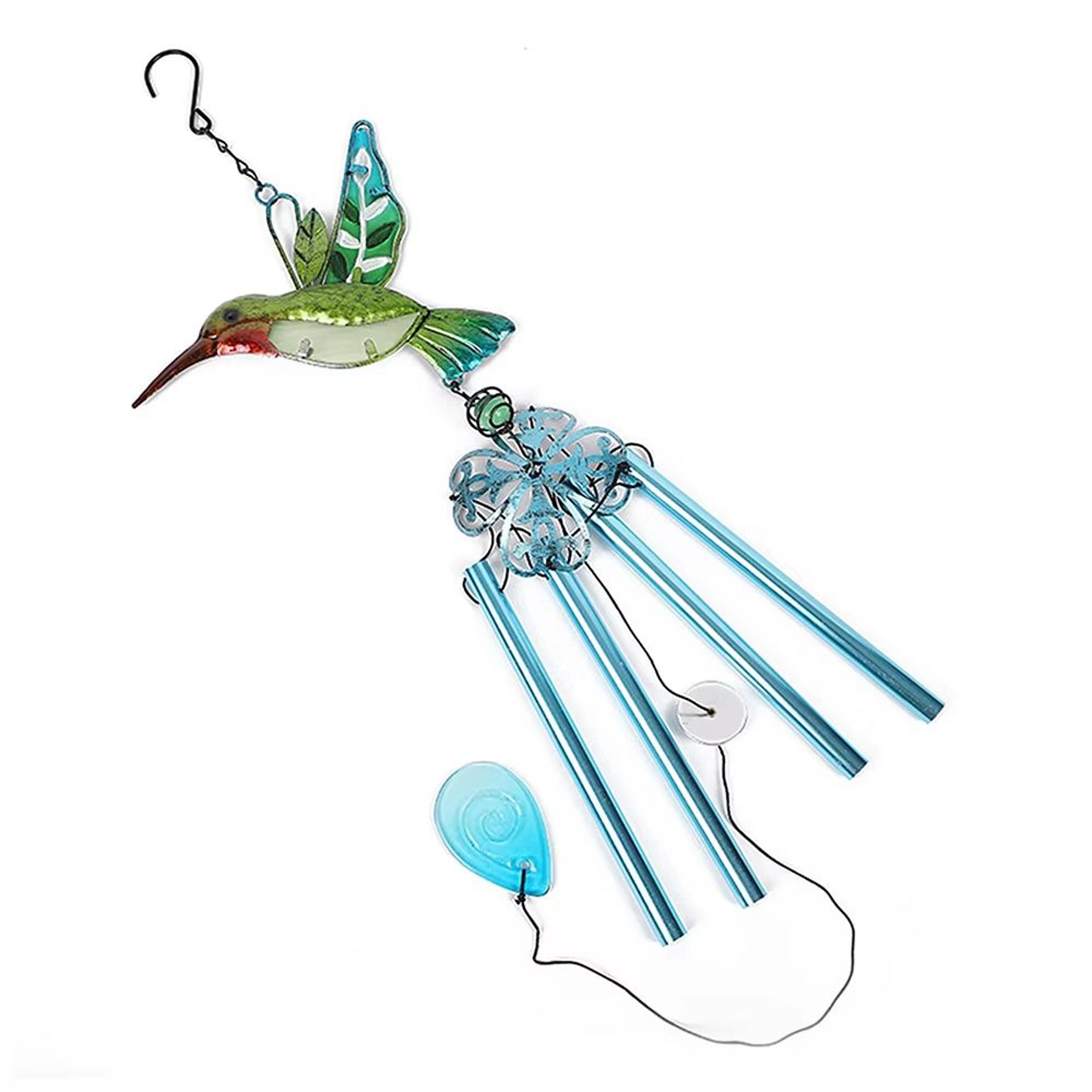 Hummingbird Dragonfly Wind Chime With Painted Glass Metal Art For Garden Decor 11