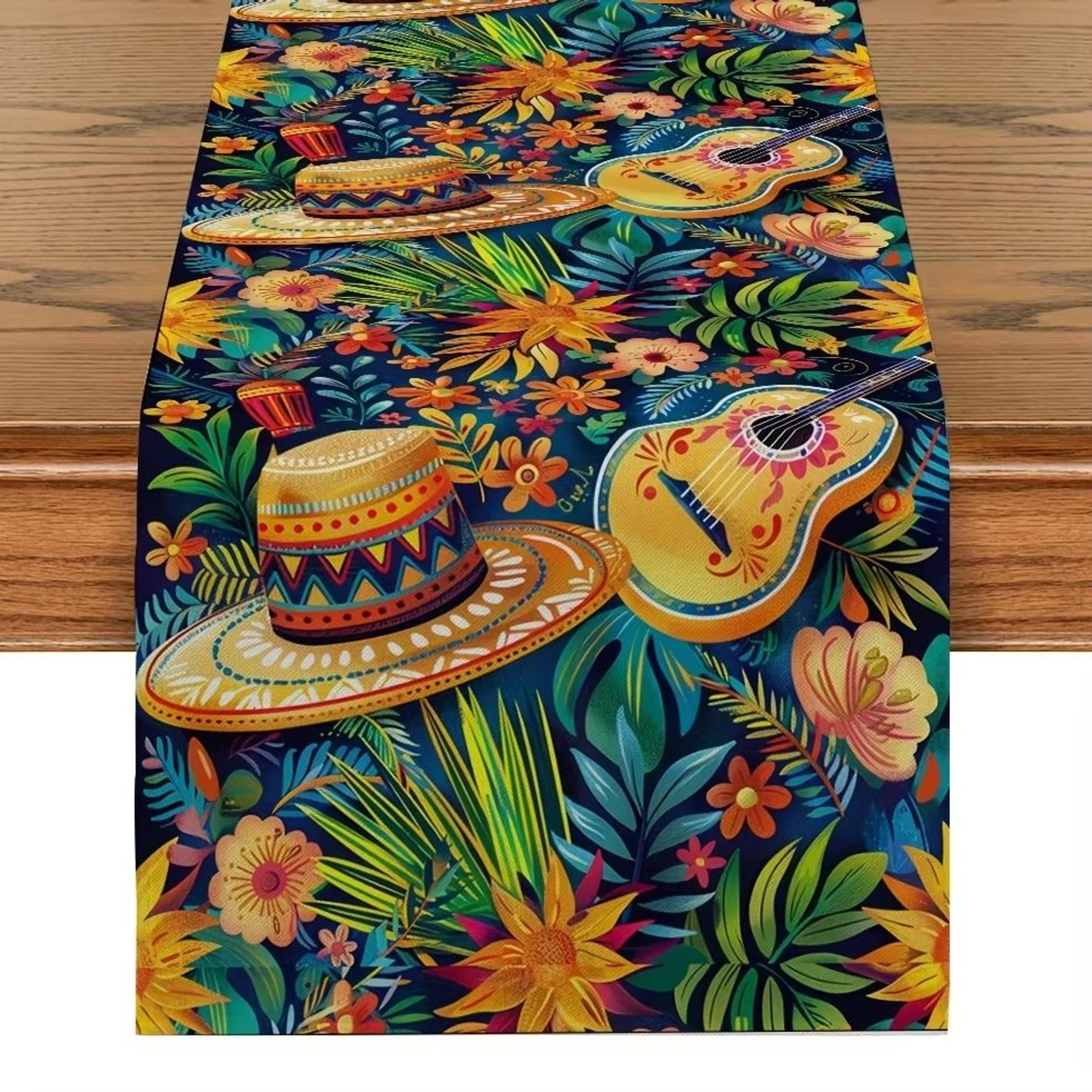 Mexican Fiesta Linen Table Runner With Cactus And Day Of The Dead Design 4