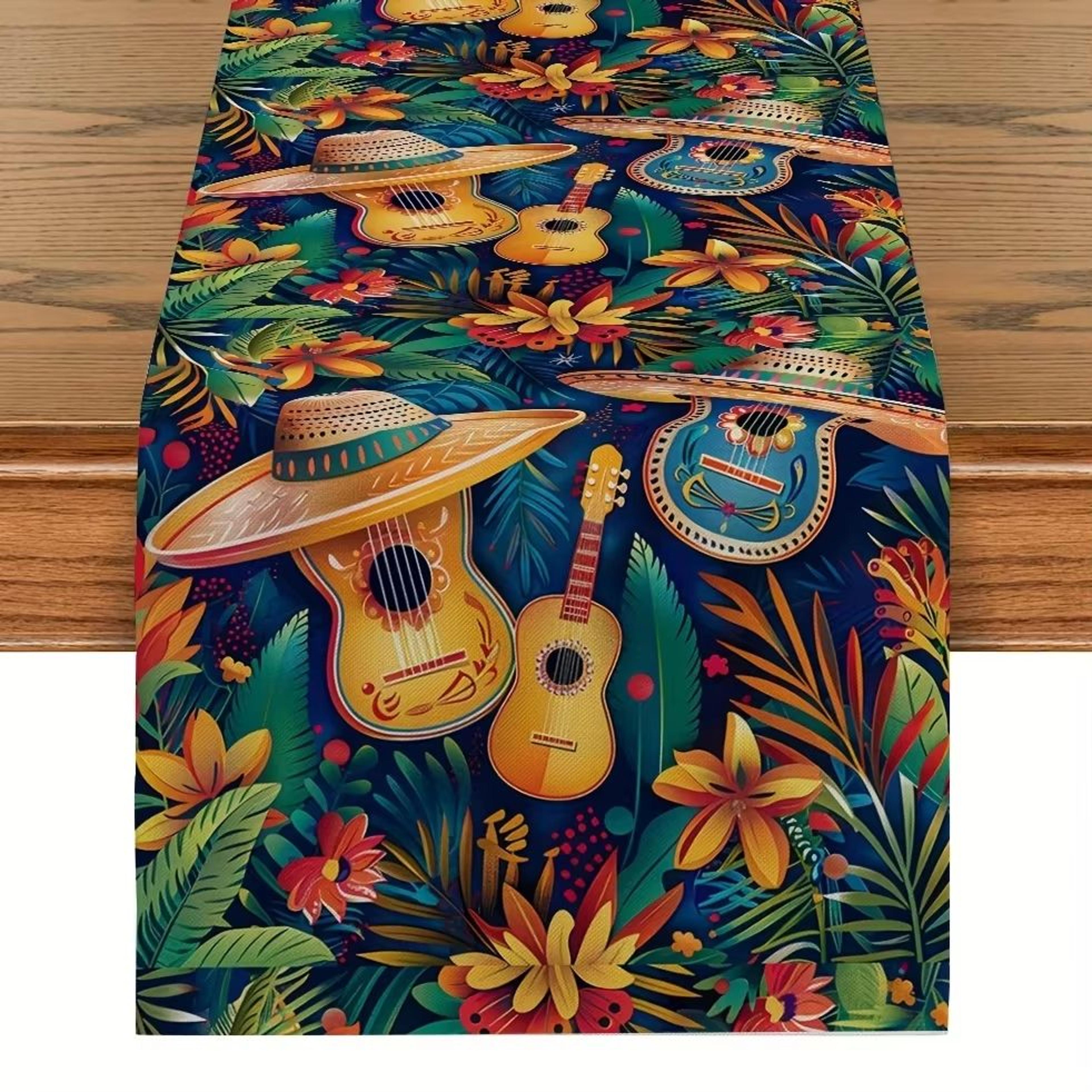 Mexican Fiesta Linen Table Runner With Cactus And Day Of The Dead Design 8