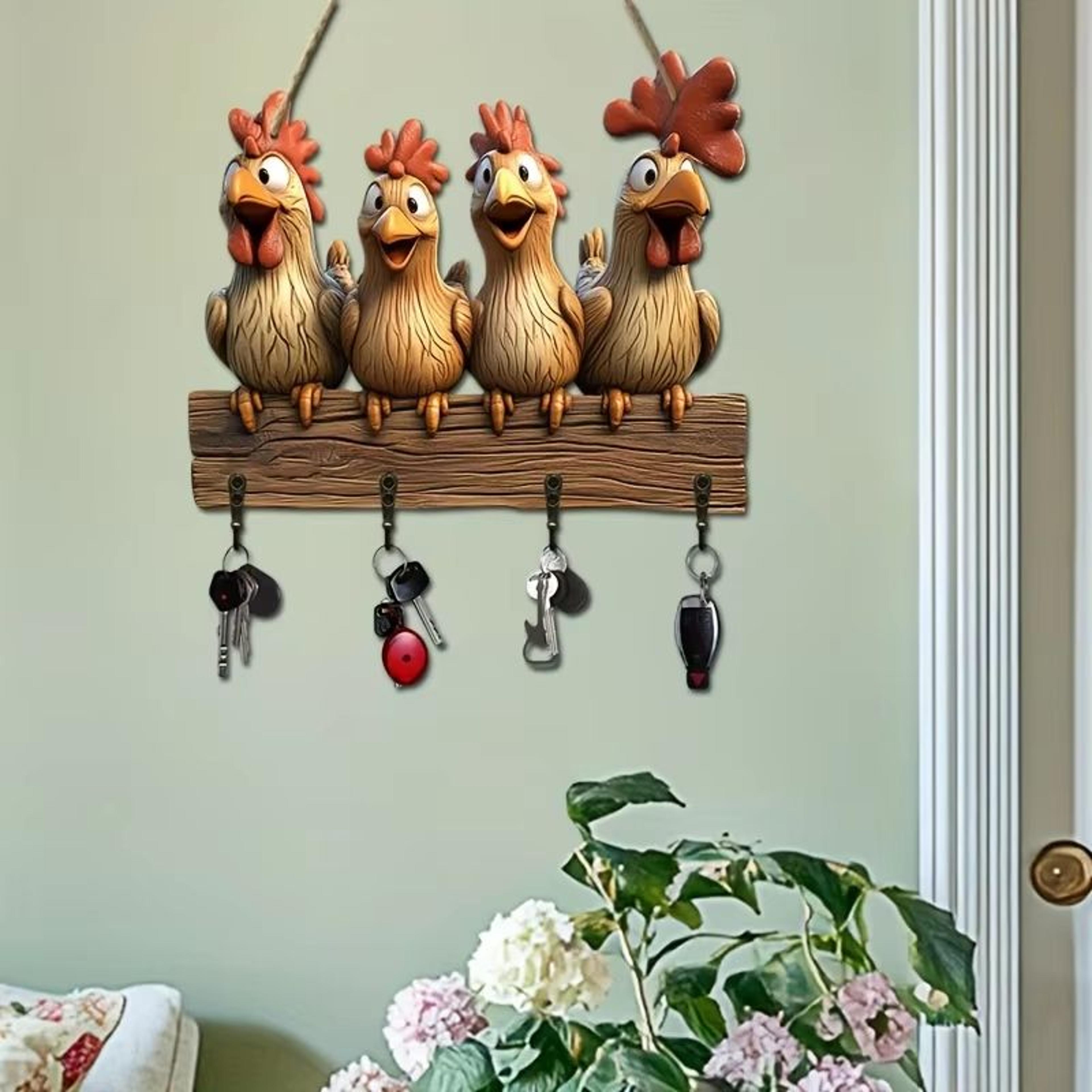 Rustic Hen Wooden Key Holder Wall Mounted Farmhouse Key Rack Decor 1