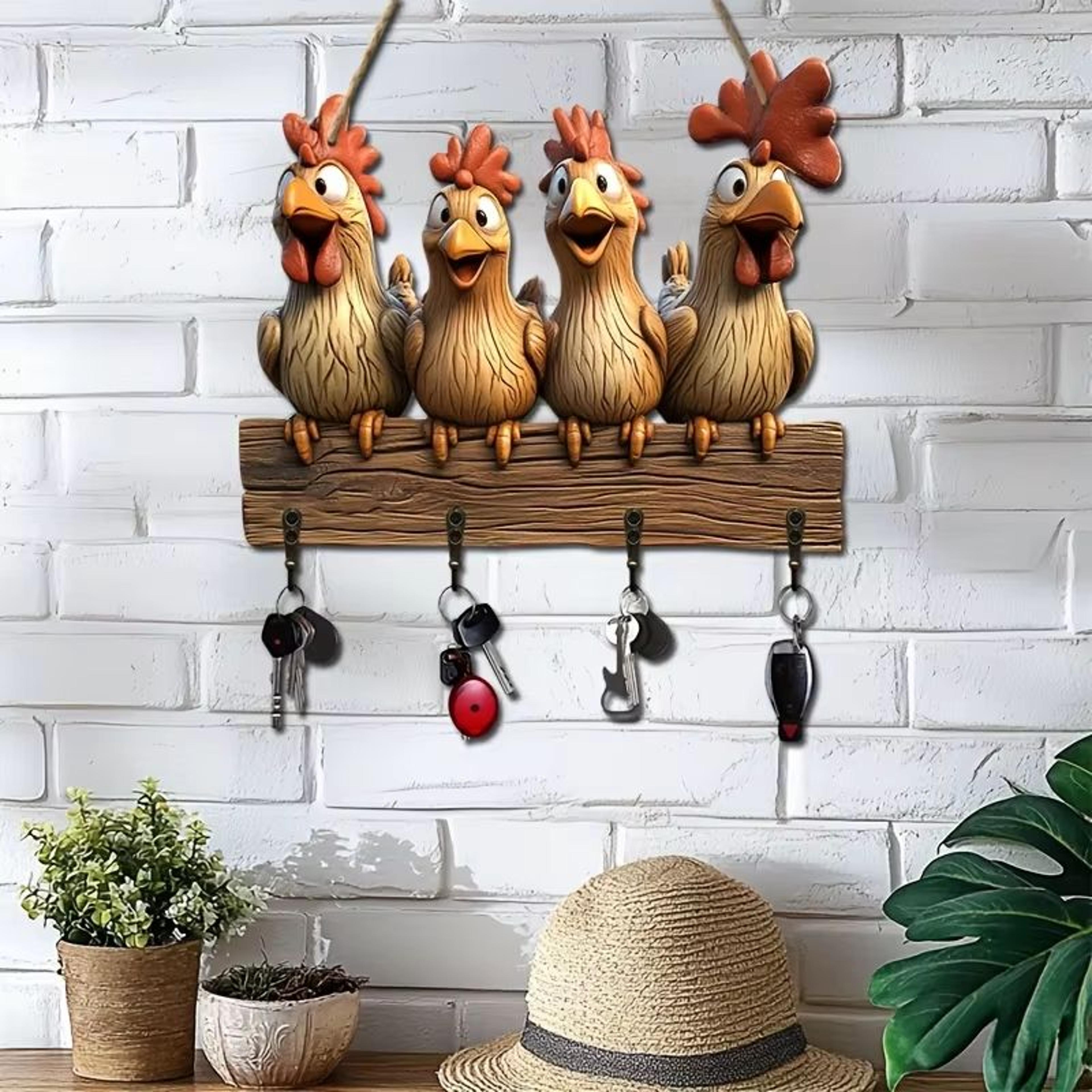 Rustic Hen Wooden Key Holder Wall Mounted Farmhouse Key Rack Decor 2
