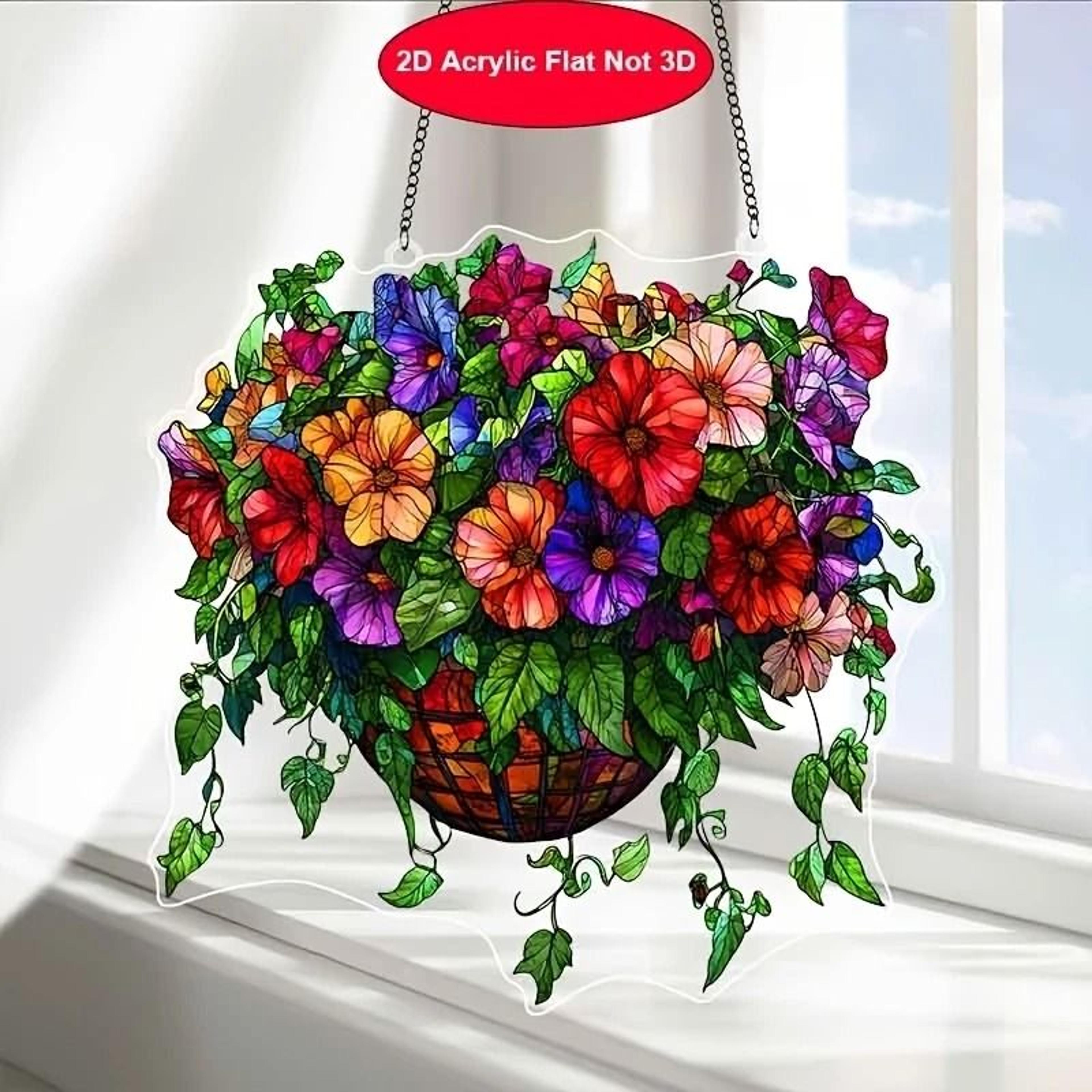 2D Acrylic Hanging Flower Basket Suncatcher  Minimalist Floating Plant Wall Decor 2