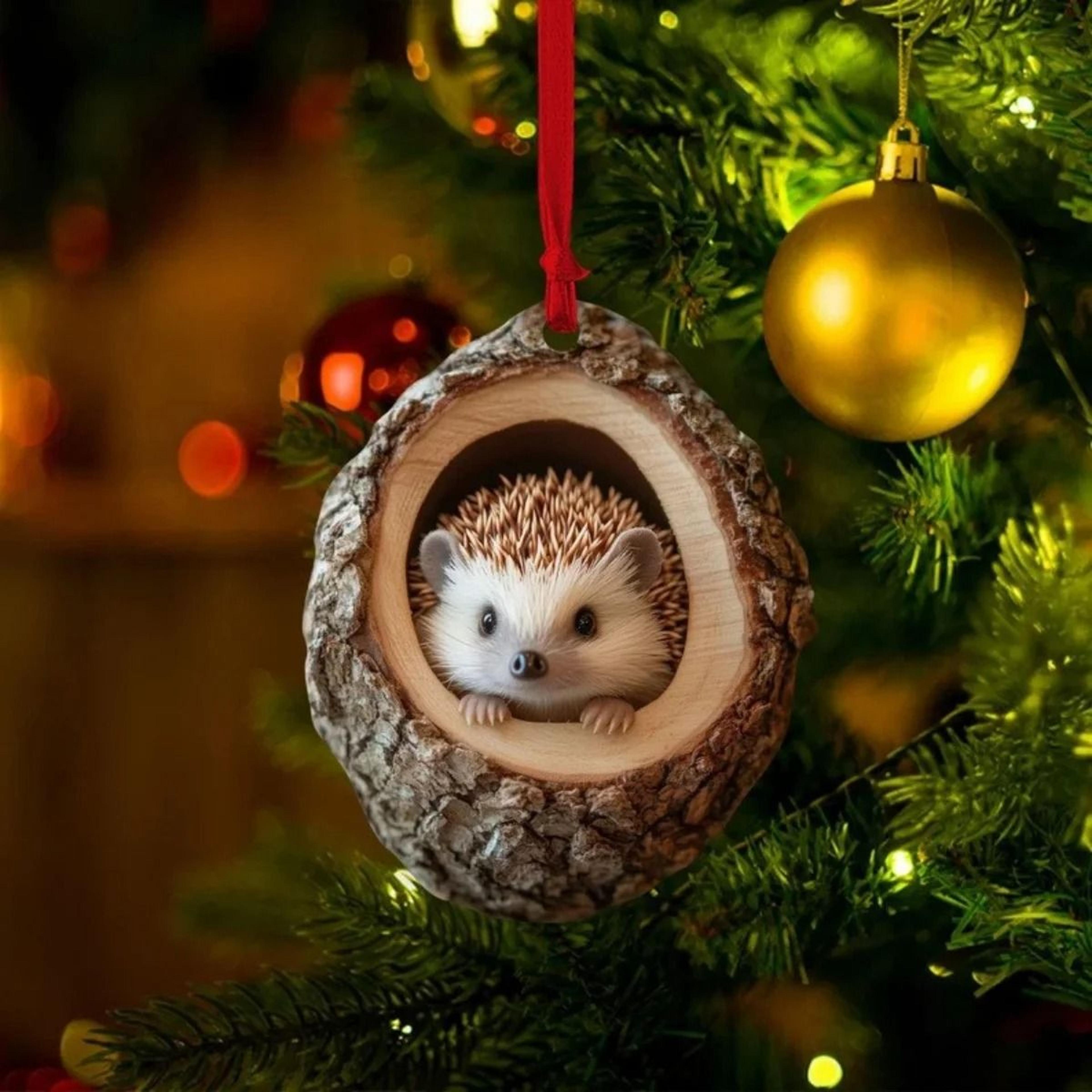 Woodland Animal Acrylic Christmas Ornament Tree Trunk Design Bunny Owl Squirrel Hedgehog Pendant 12