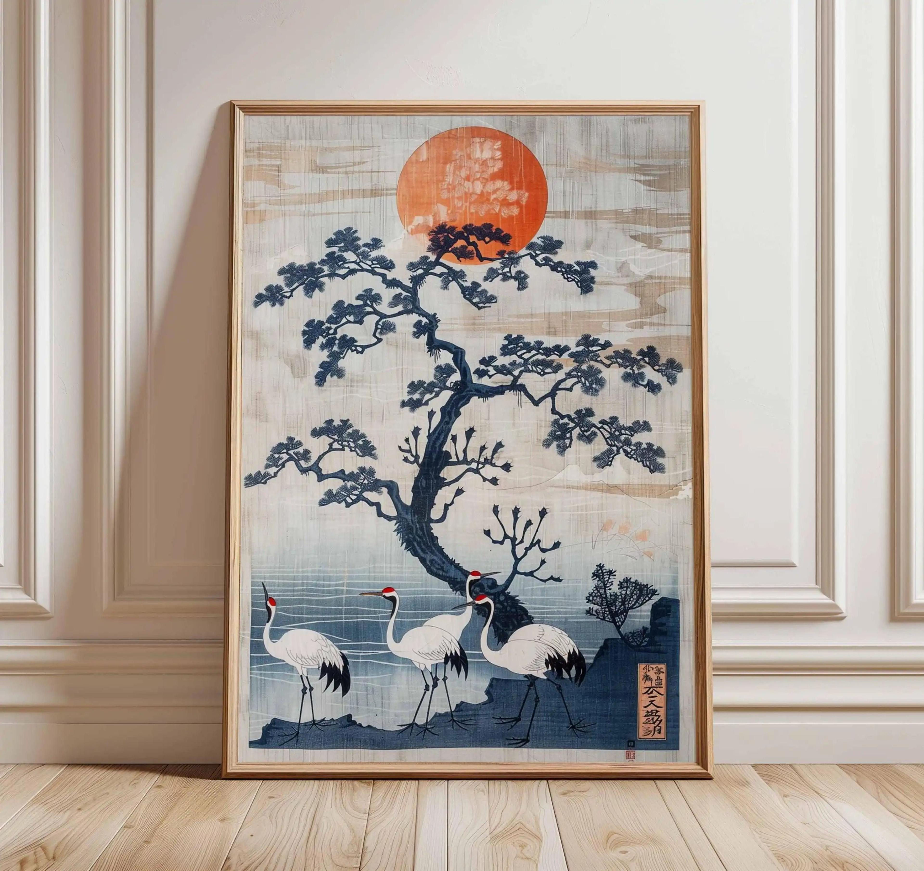 Vintage Japanese Crane Ukiyoe Wall Art Red Sun Pine Print 16