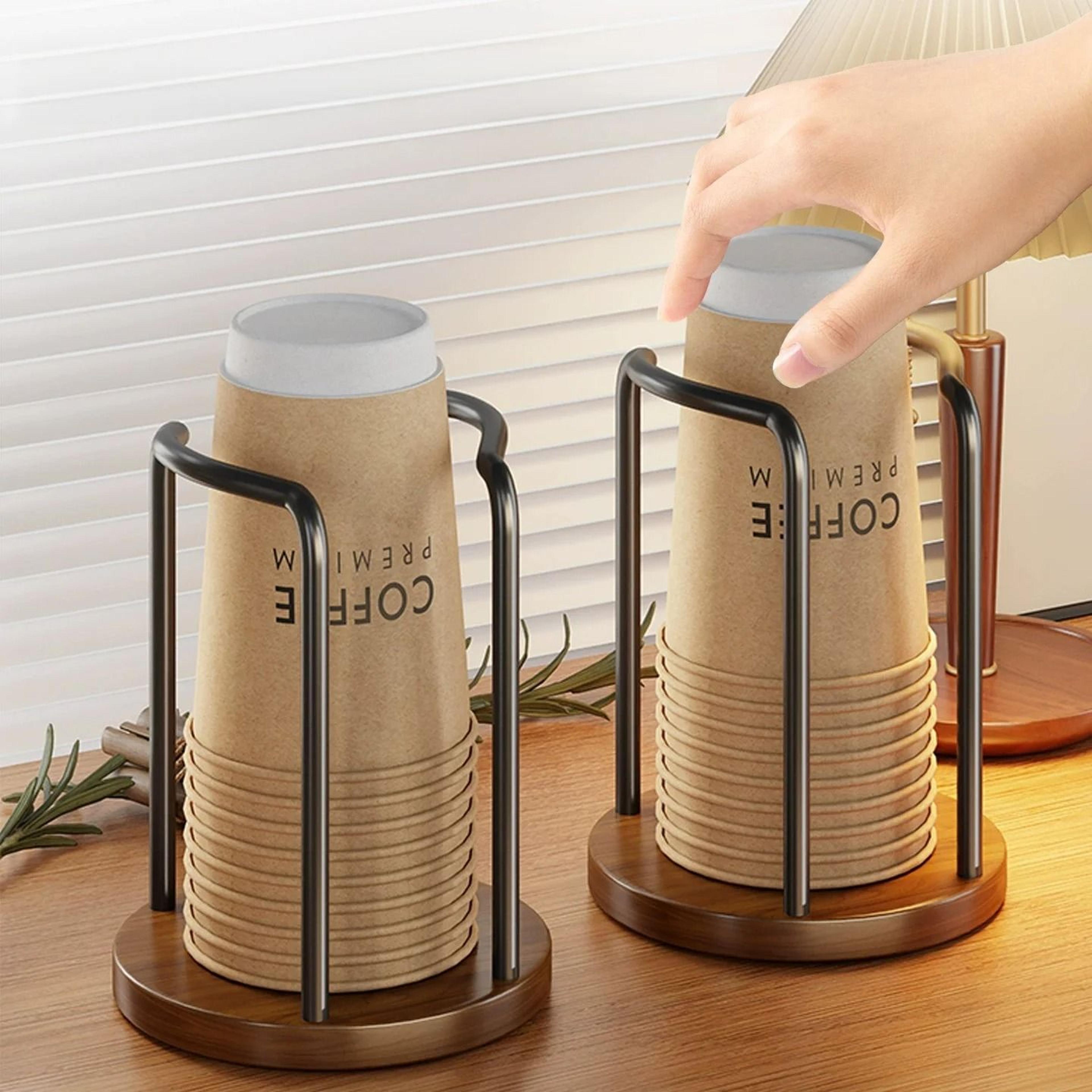 wood base coffee cup and lid countertop organizer