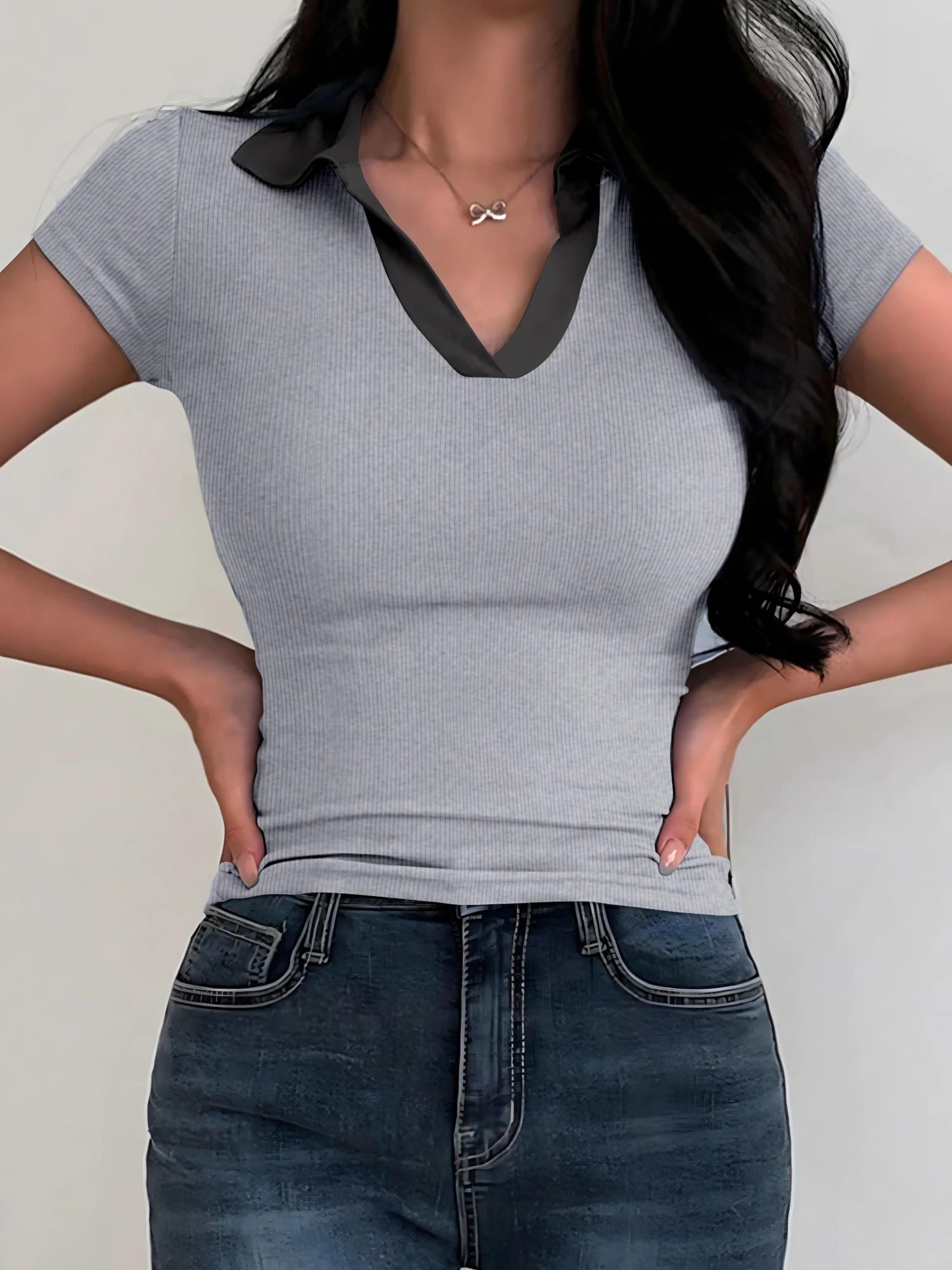 Womens Summer Color Block V Neck Polo Shirt 4