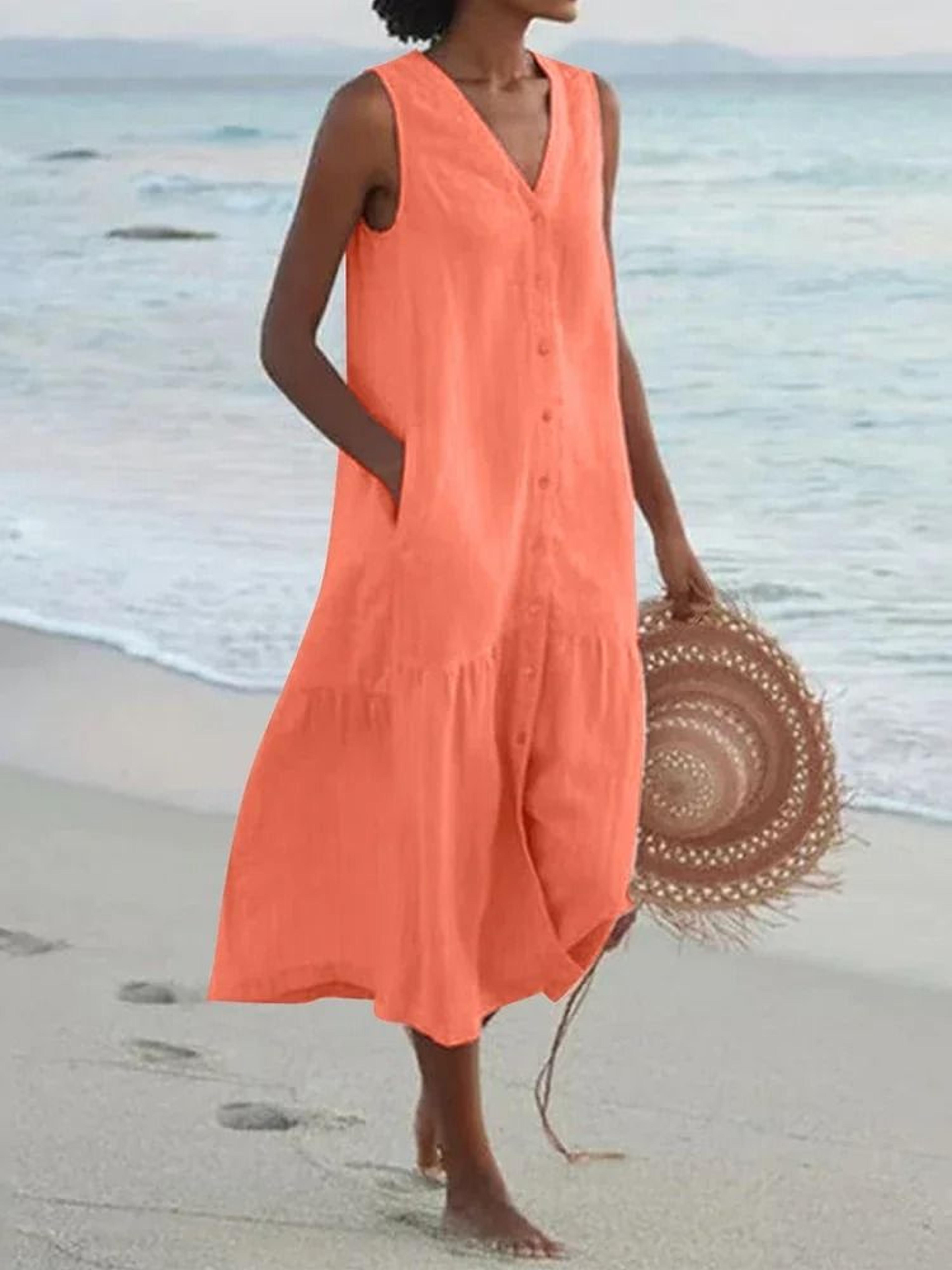 women summer cotton linen patchwork midi dress with pockets