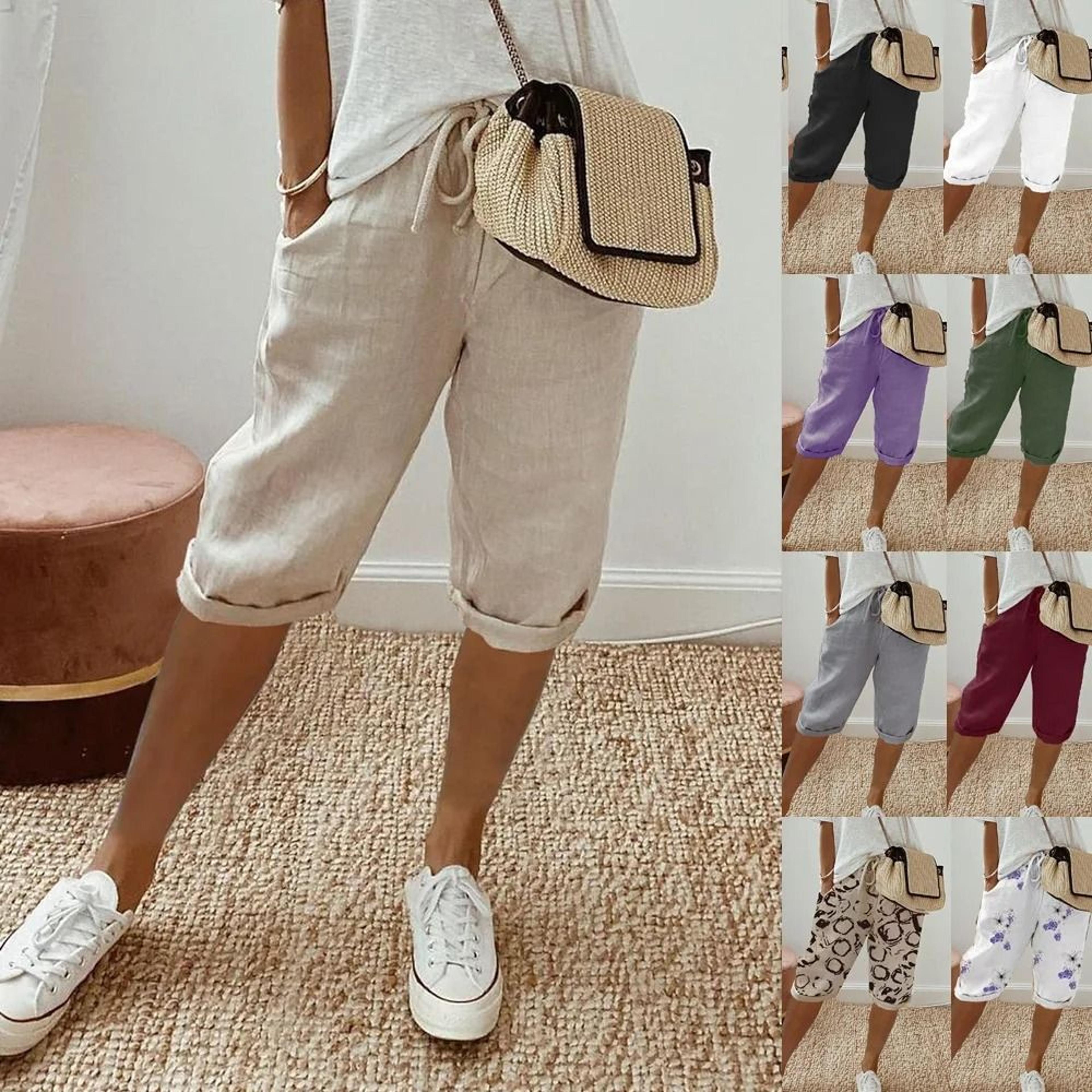 womens cotton linen elastic waist loose casual shorts