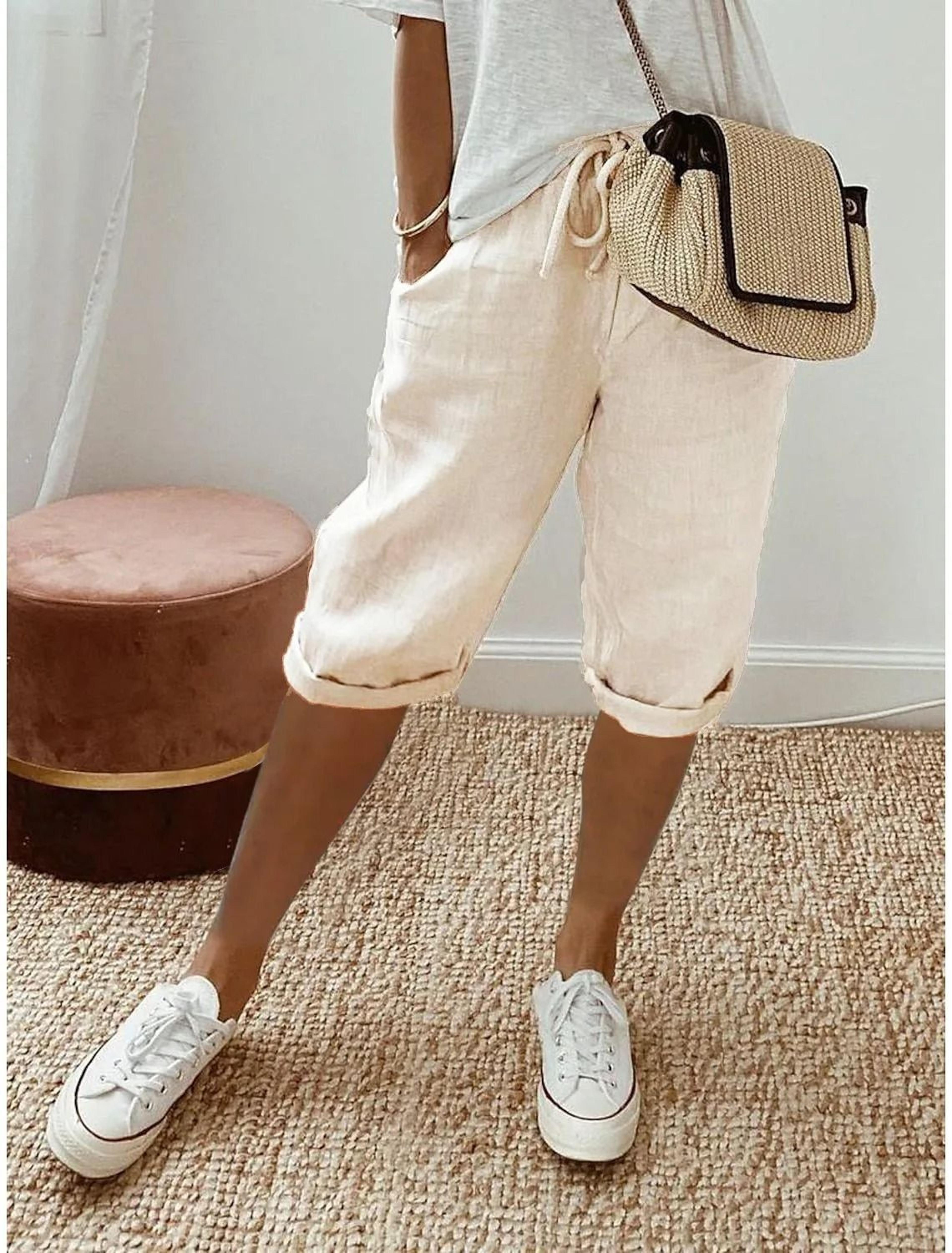 Womens Cotton Linen Elastic Waist Loose Casual Shorts 9