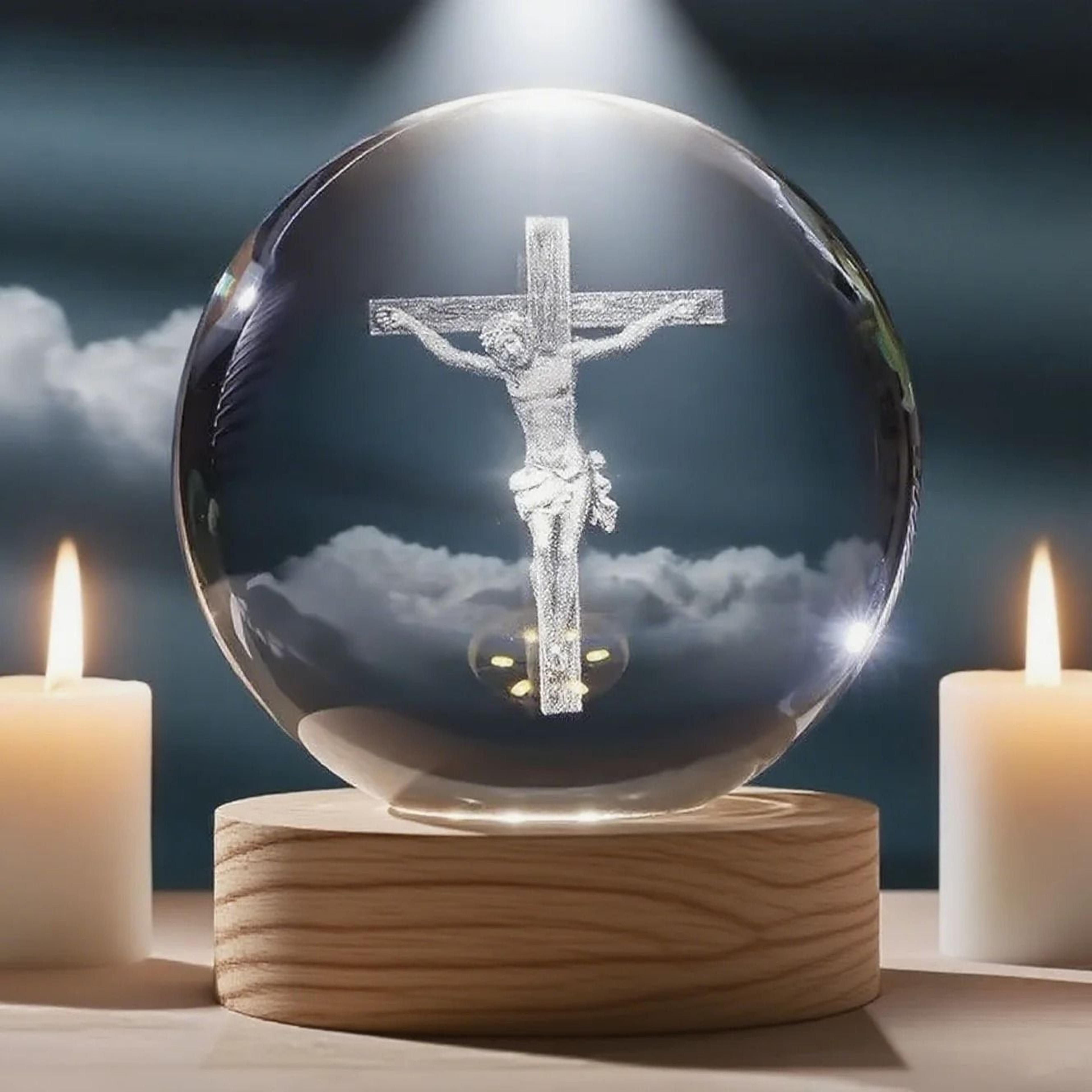 illuminated jesus and virgin mary crystal ball set with cross