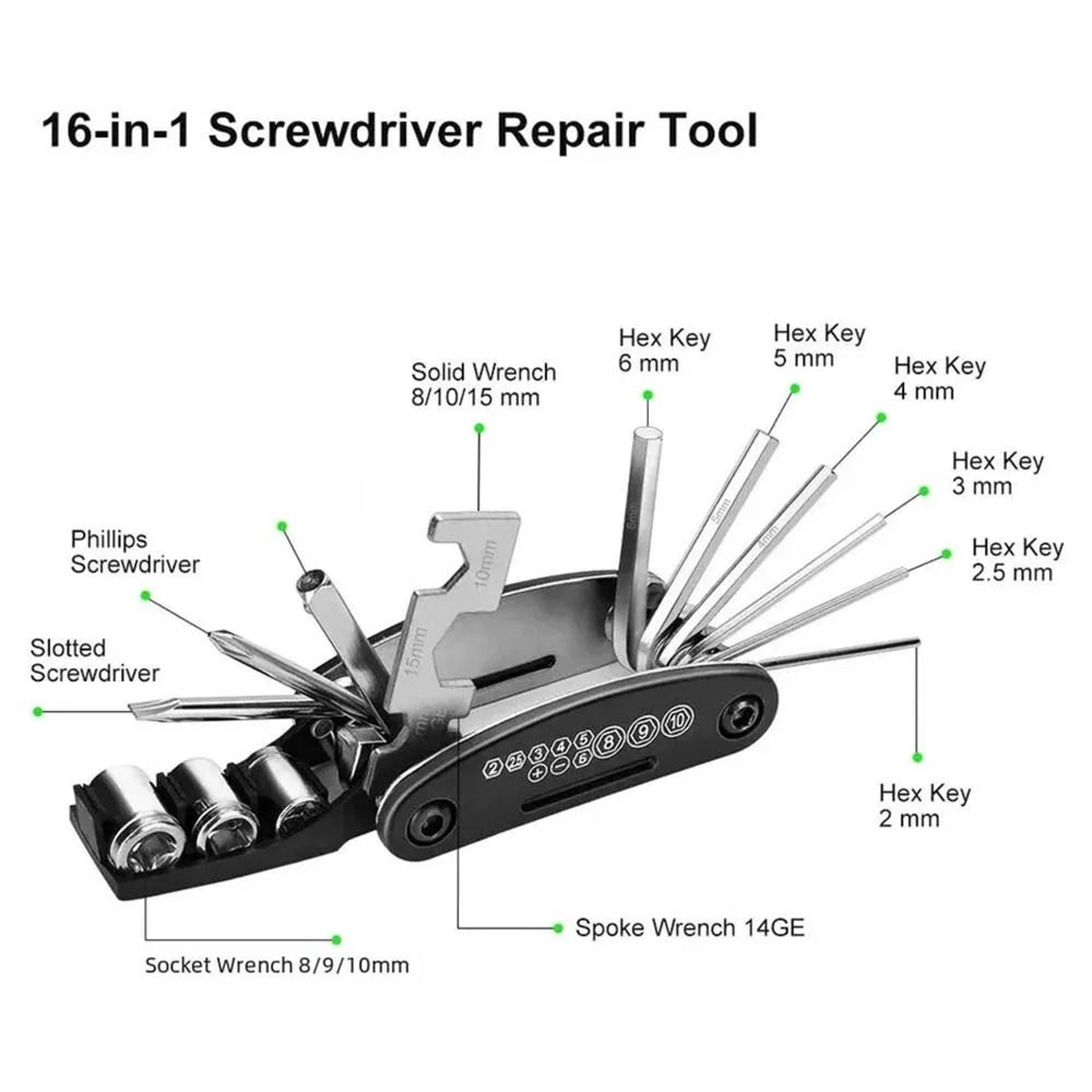 16 In 1 Bicycle Multi Tool Portable Wrench Screwdriver Repair Tool Set 2