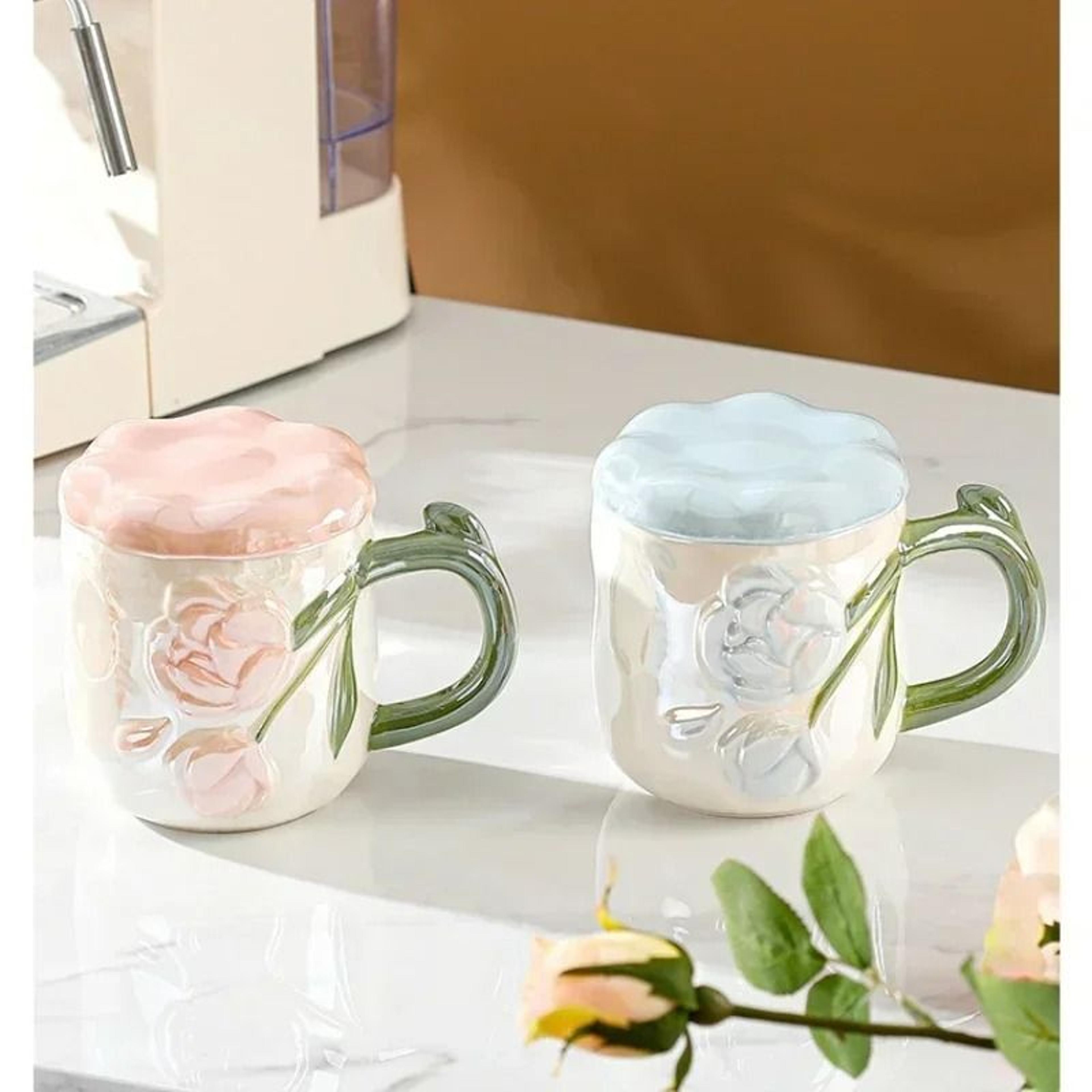 hand-painted relief rose ceramic mug – romantic ins style coffee & tea cup with lid