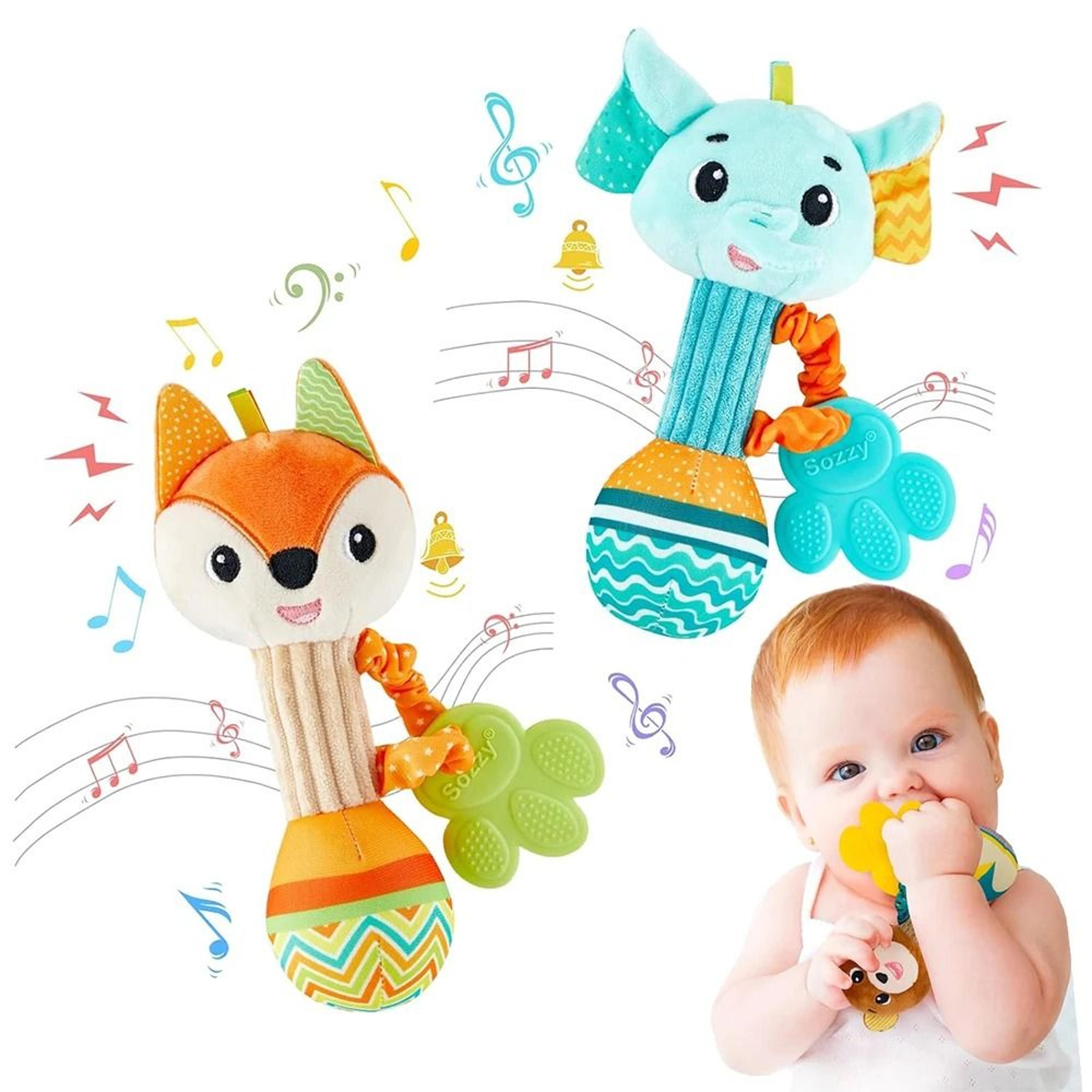 soft plush animal sensory shaker and teether toy