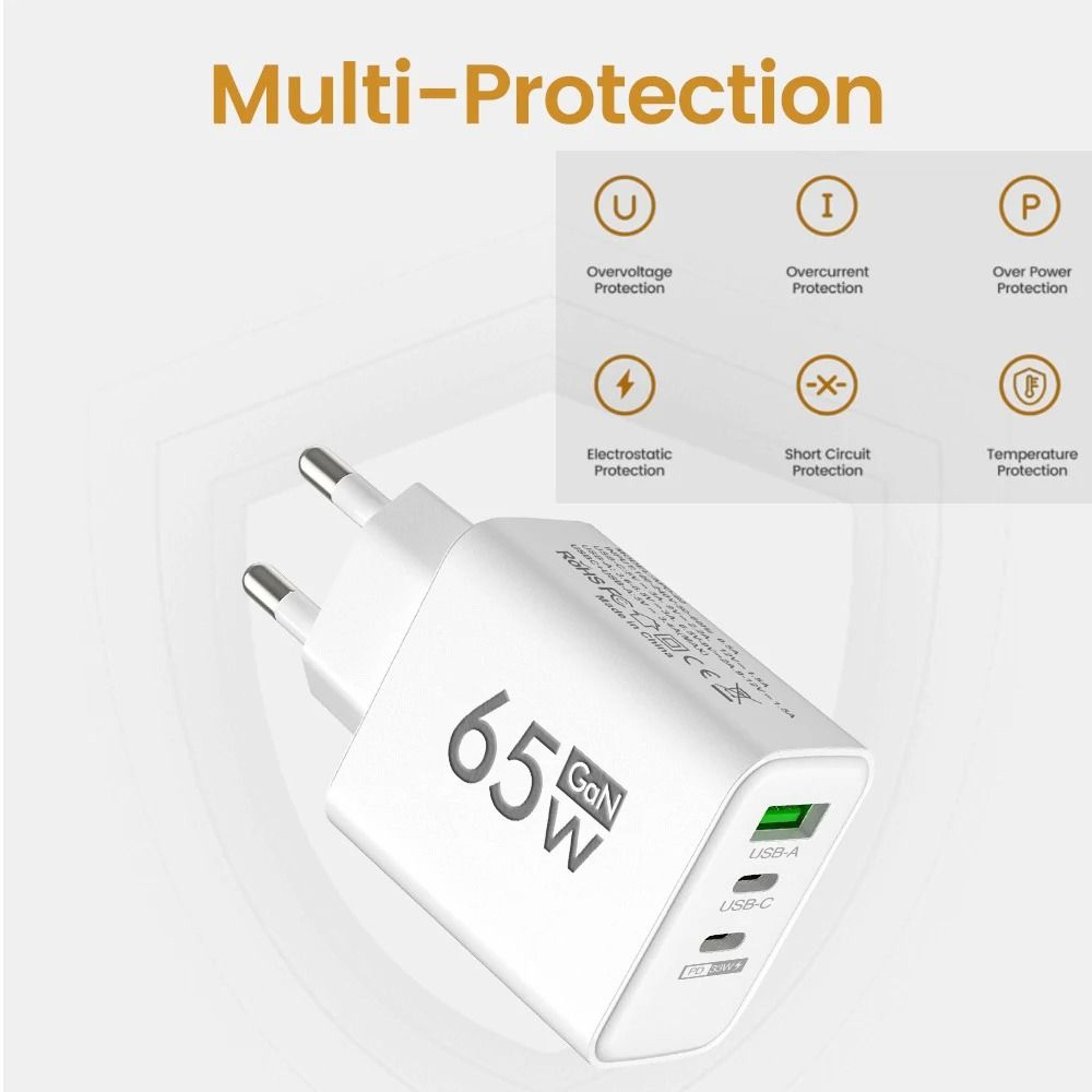 3Port MultiPlug USB  TypeC PD Fast Charger  Quick Charge Adapter For IPhone 16 Samsung And Huawei 3