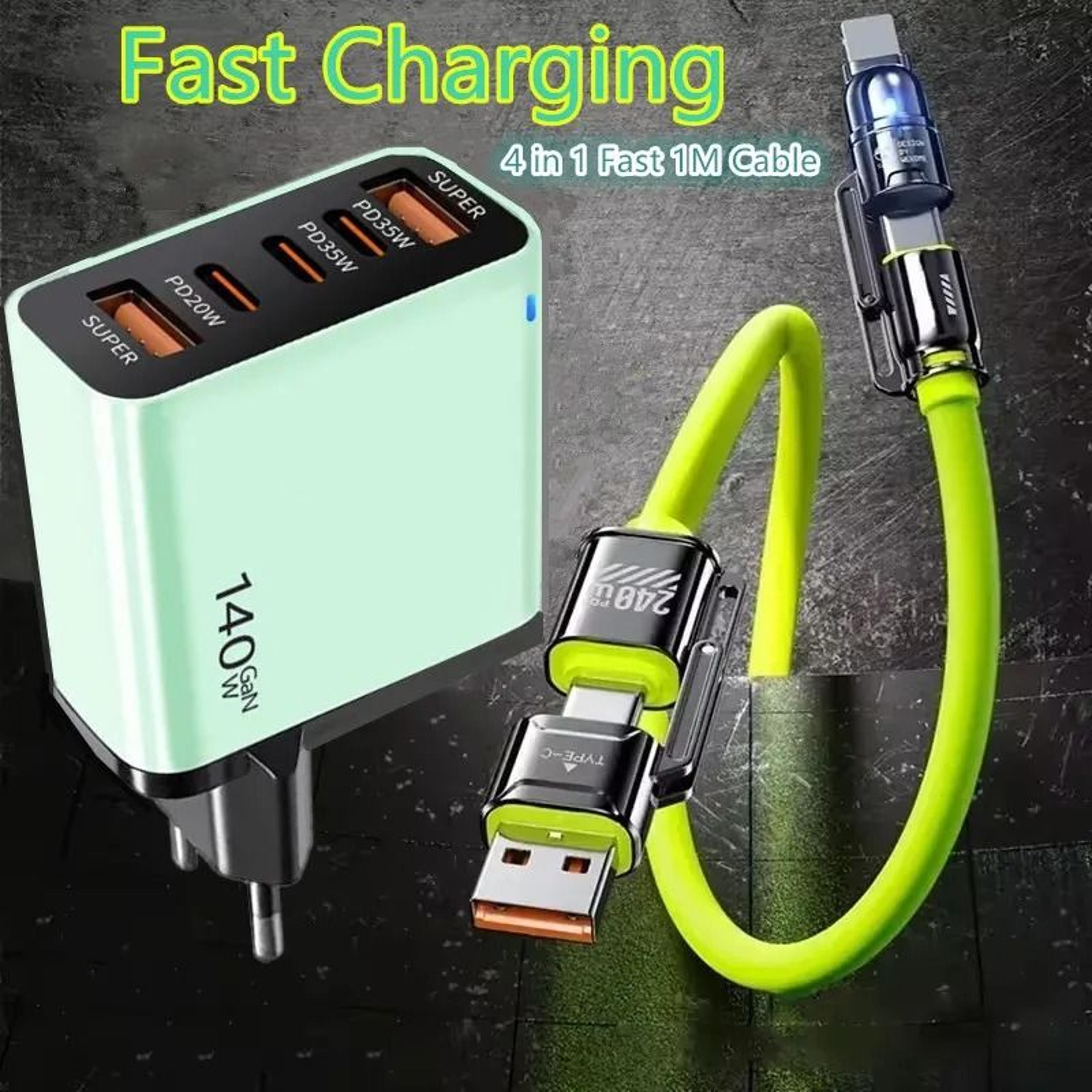 5-port usb-c pd fast charging station – 4-in-1 cable integrated quick charge hub for iphone, samsung, xiaomi & huawei