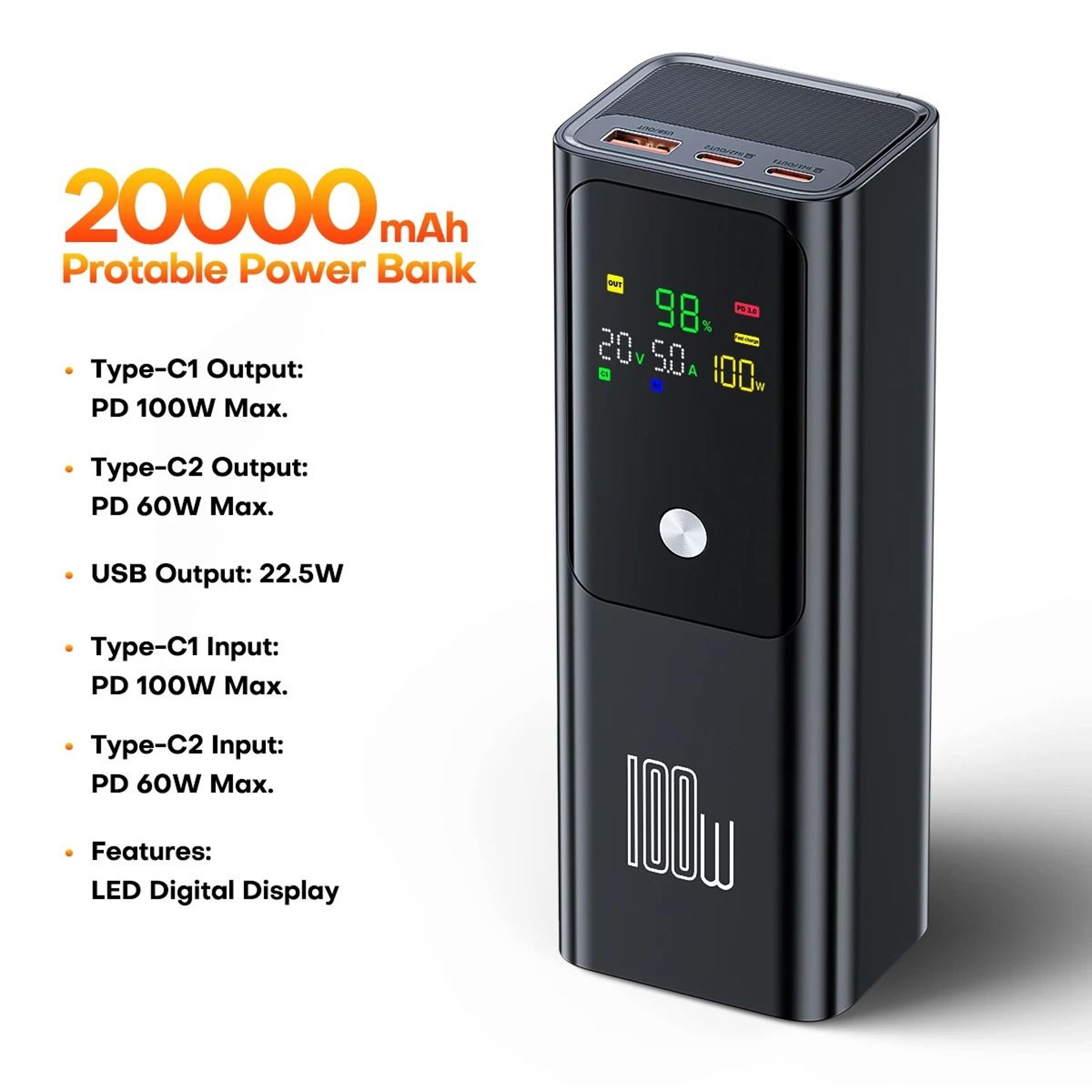 QOOVI PD 100W Power Bank  20000mAh HighCapacity Fast Charger For Laptops IPhone  Samsung 6