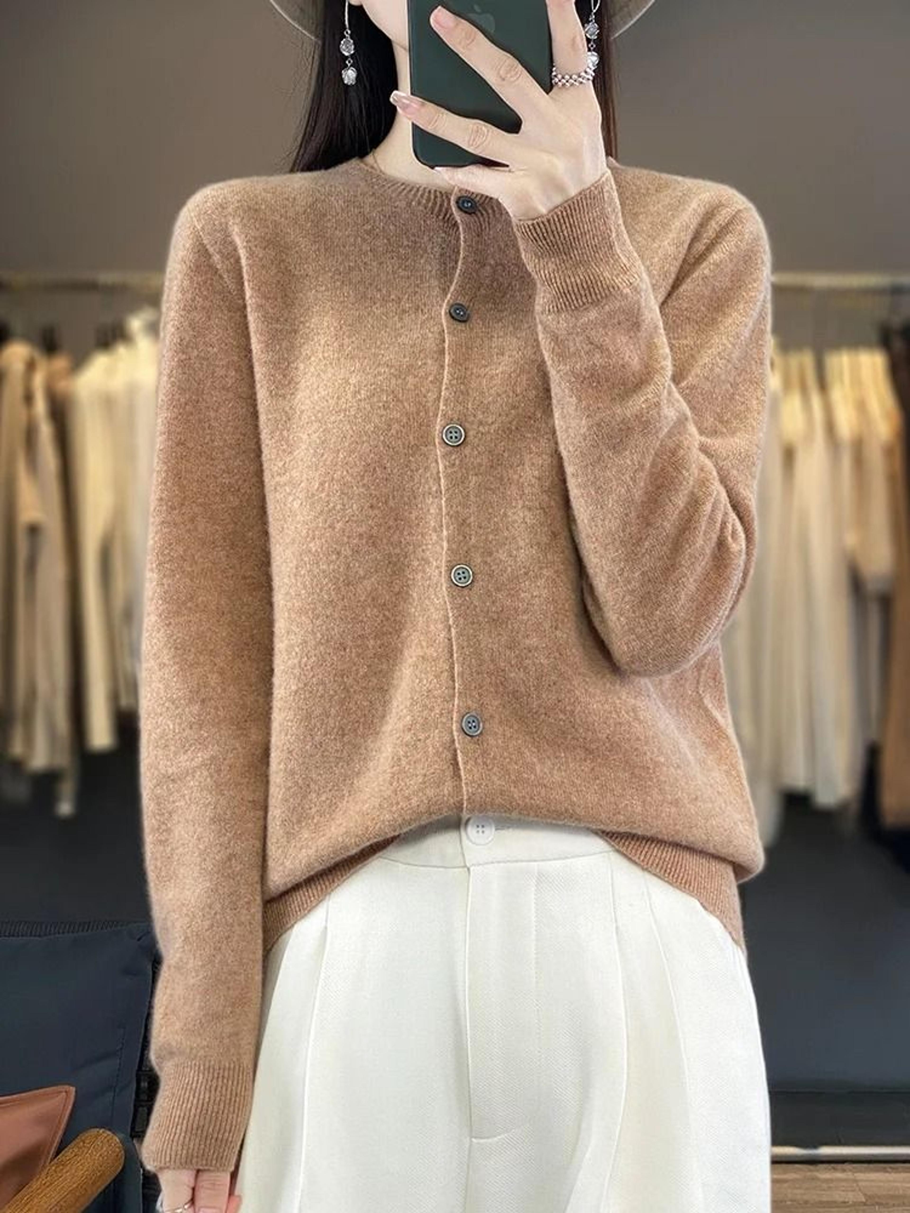 Womens 100 Merino Wool ONeck Cardigan  Premium Buttoned Knitwear For Autumn  Winter 5