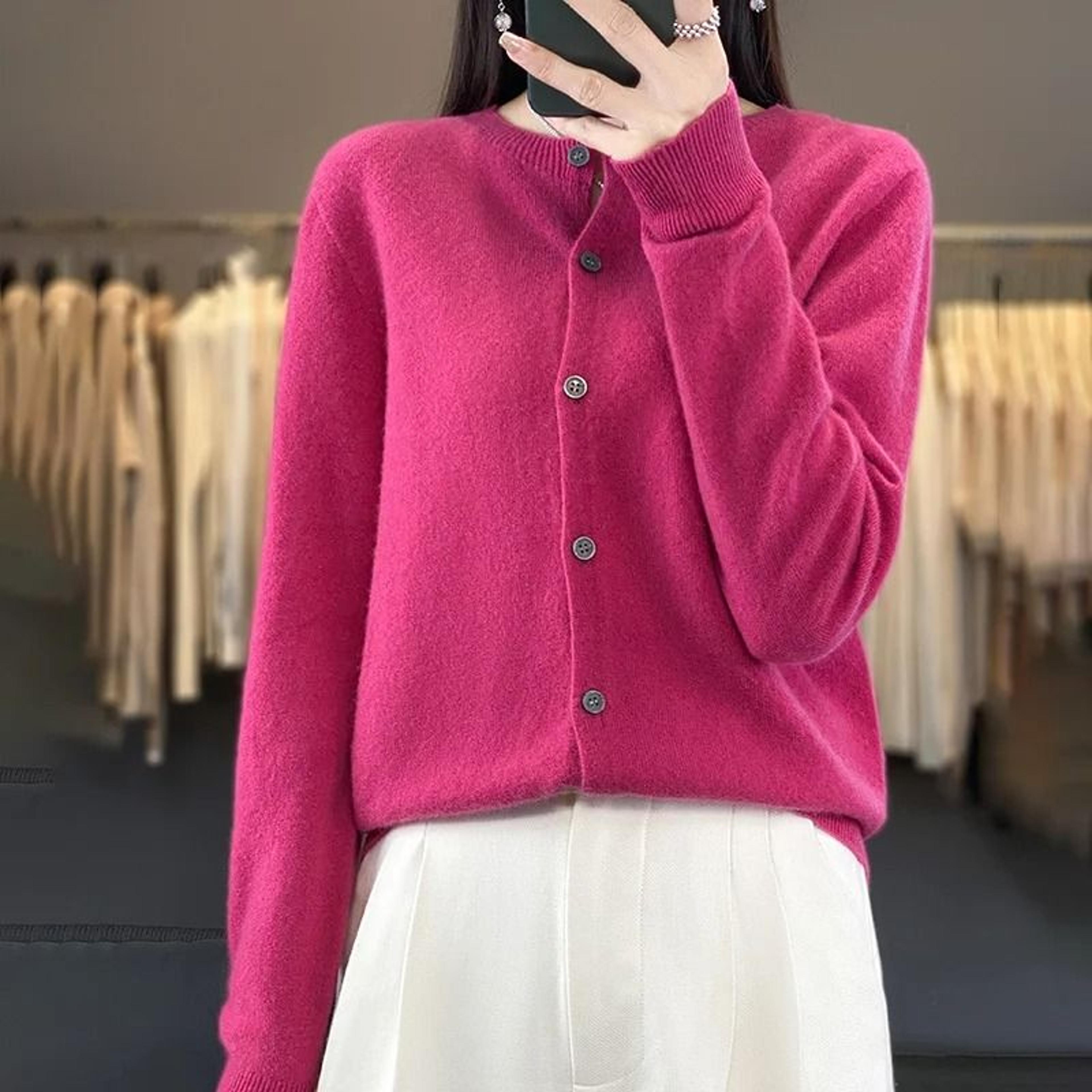 Womens 100 Merino Wool ONeck Cardigan  Premium Buttoned Knitwear For Autumn  Winter 19