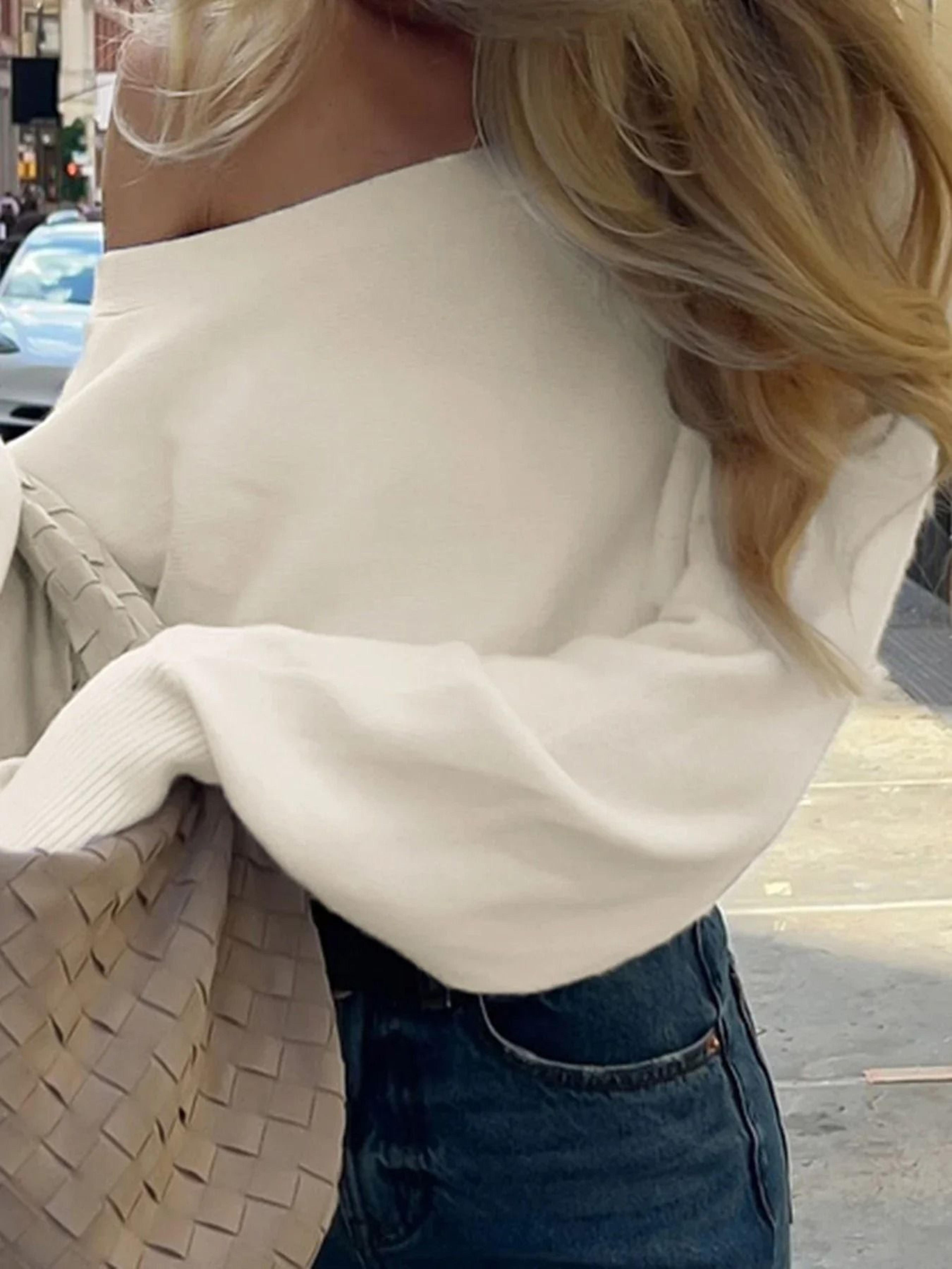 Womens Solid OffShoulder Knit Sweater  Elegant Slash Neck Loose Pullover For Autumn  Winter 2