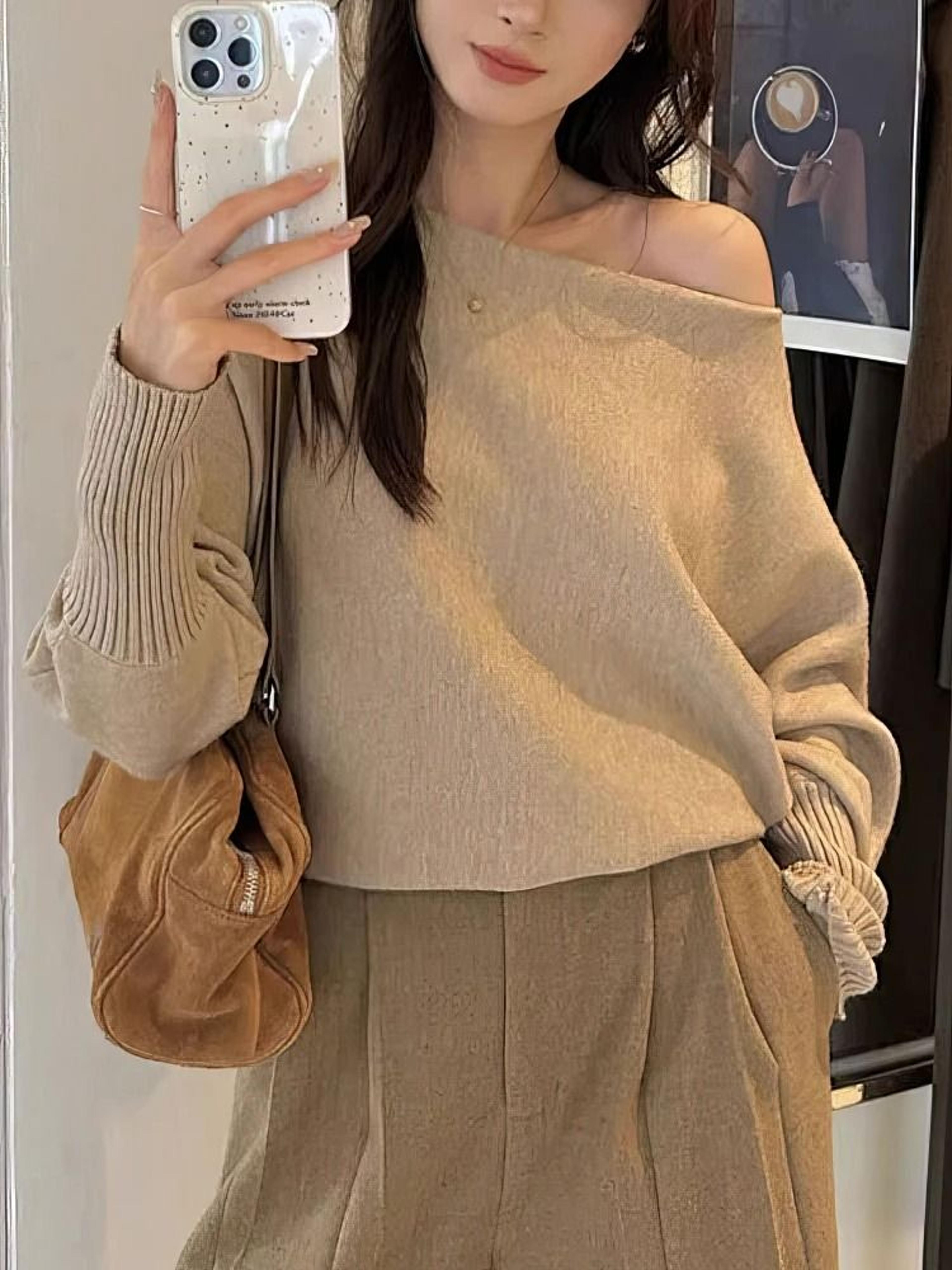 300g Thick Batwing Long Sleeve Pullover  Korean Fashion OffShoulder Sweater  Loose Autumn Outwear 1