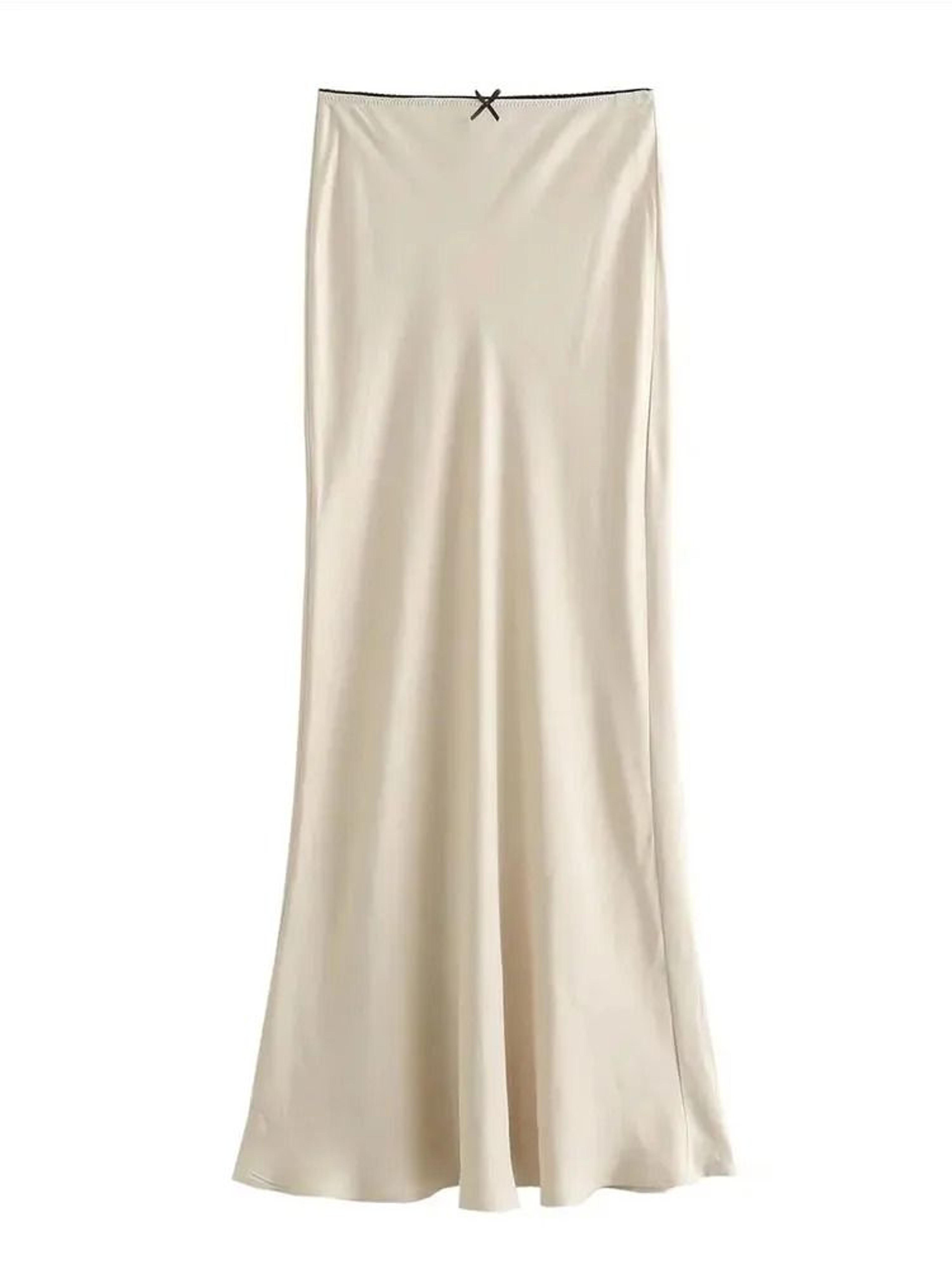 Mooyufon Vintage Satin HighWaist Long Skirt  Spring 2024 Chic Bow Decoration HLine Skirt 3