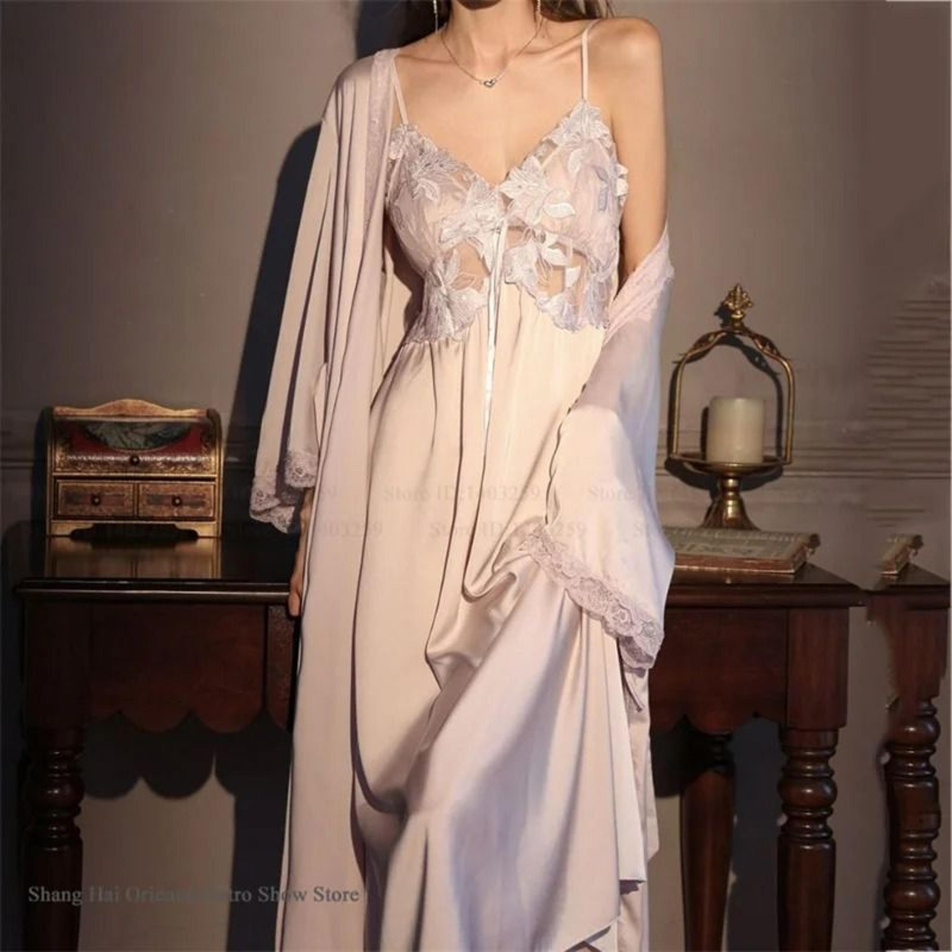 Elegant Female Ice Silk Robe Set  Professional HollowOut Lace Nightdress  Silky Loungewear Lingerie 11