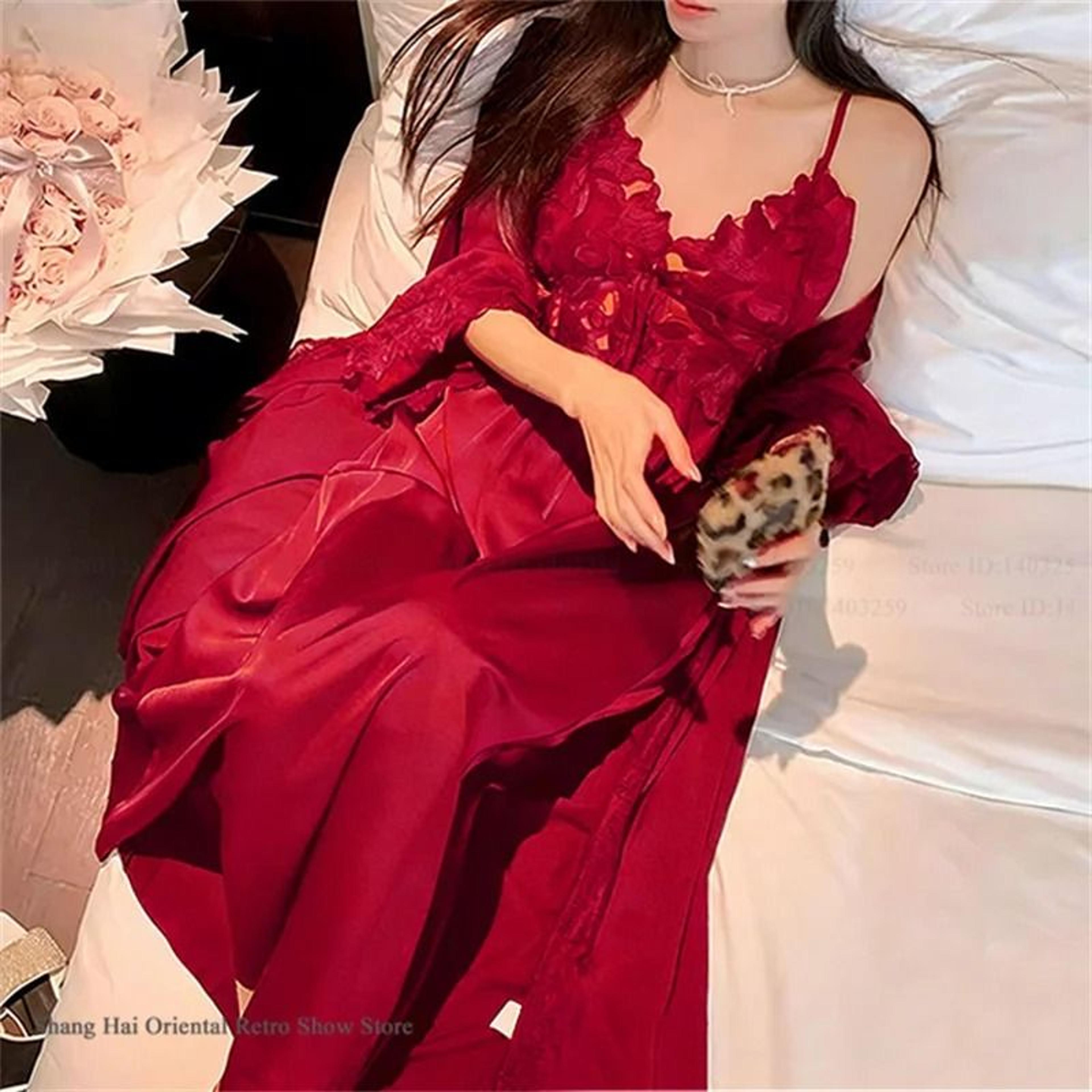 Elegant Female Ice Silk Robe Set  Professional HollowOut Lace Nightdress  Silky Loungewear Lingerie 13