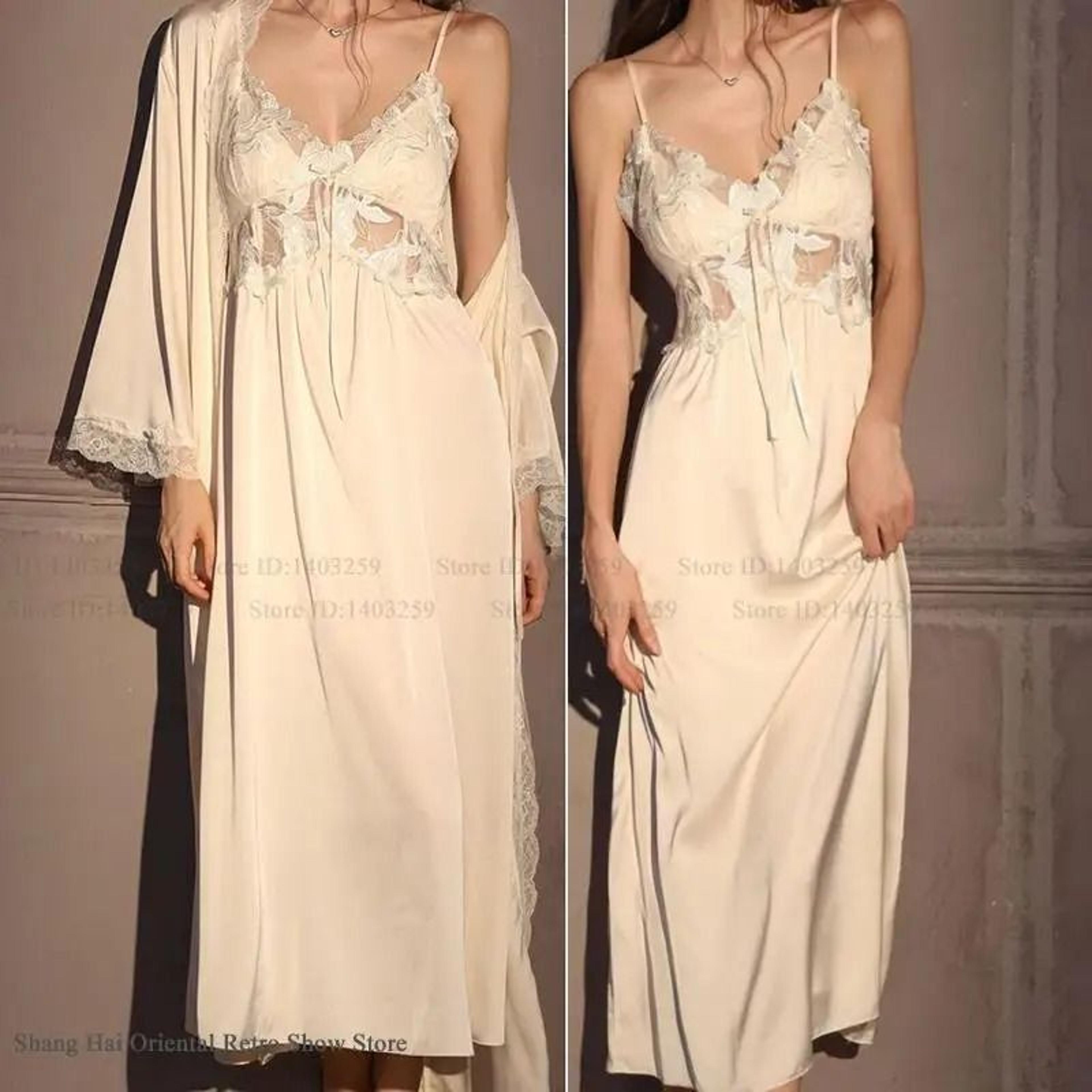 Elegant Female Ice Silk Robe Set  Professional HollowOut Lace Nightdress  Silky Loungewear Lingerie 2