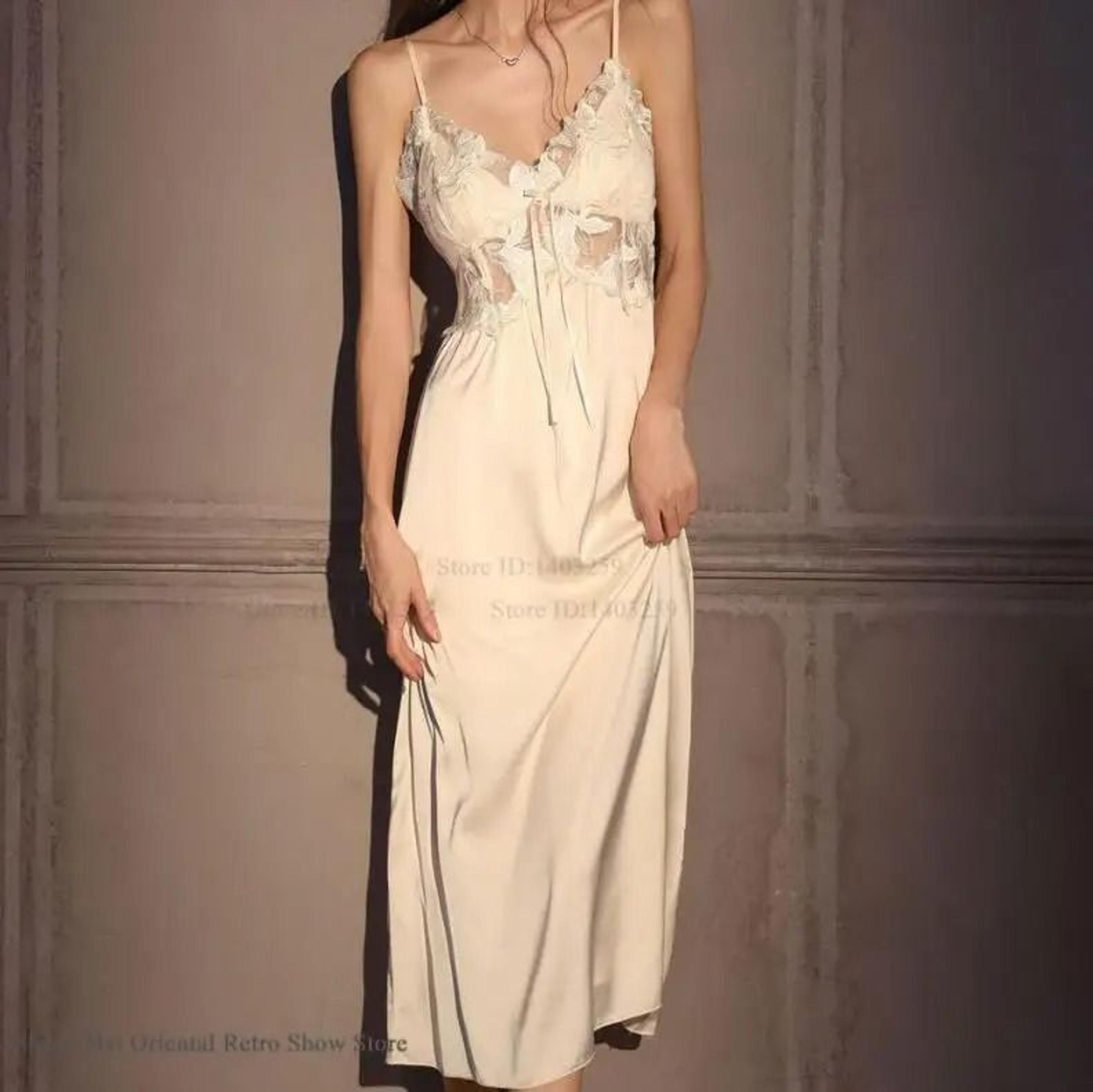 Elegant Female Ice Silk Robe Set  Professional HollowOut Lace Nightdress  Silky Loungewear Lingerie 4