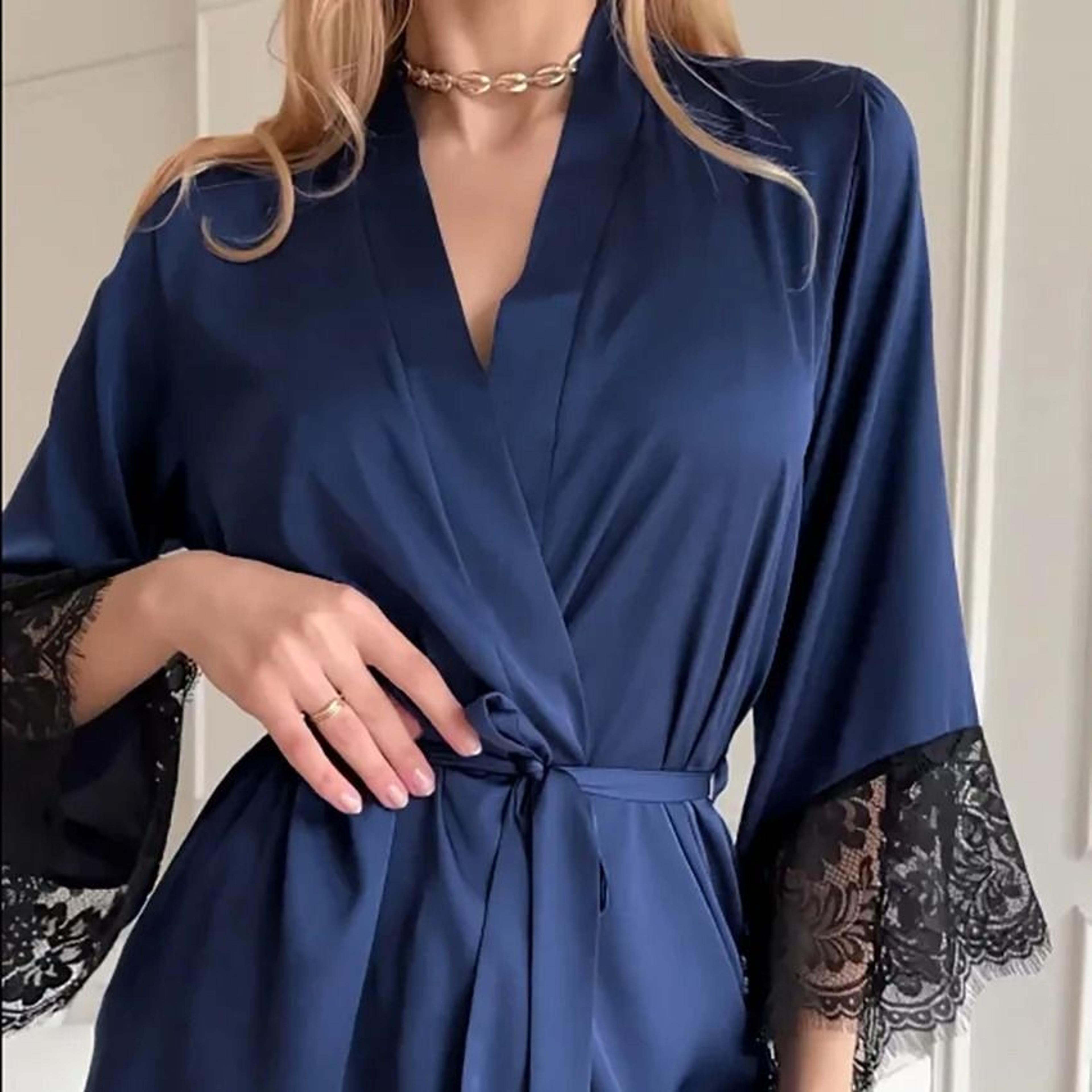 FrenchStyle Sexy Satin Nightgown  Robe  Professional VNeck Lace Bathrobe  Silky Sleepwear 9
