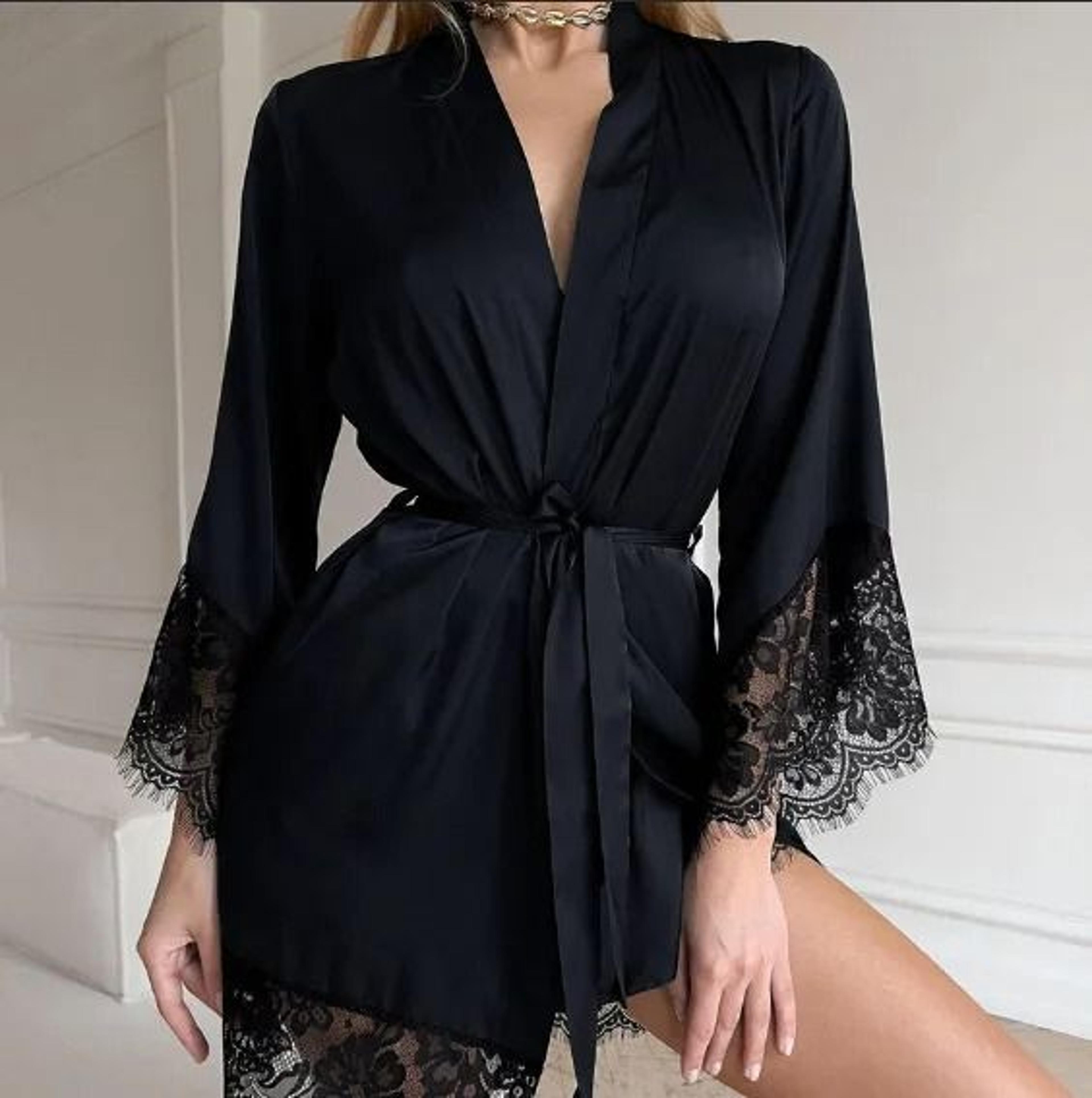 FrenchStyle Sexy Satin Nightgown  Robe  Professional VNeck Lace Bathrobe  Silky Sleepwear 8